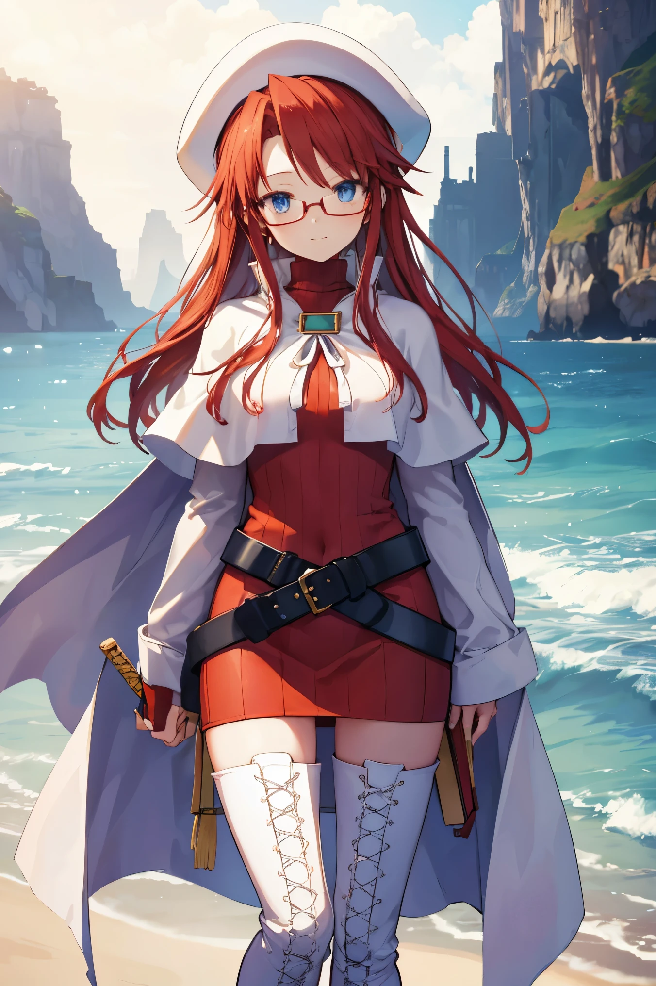 summonnightaty, aty, (young:1.3),long hair, blue eyes, red hair, big_berets, hat, glasses,
BREAK long hair, thighhighs, hat, dress, boots, glasses, belt, cape, sweater, zettai ryouiki, beret, thigh boots, white footwear, ribbed sweater, loose belt,solo,
BREAK outdoors, fantasy,on_beach,
,Highquality_hads,perfect_fingers,
BREAK (masterpiece:1.2), best quality, high resolution, unity 8k wallpaper, (illustration:0.8), (beautiful detailed eyes:1.6), extremely detailed face, perfect lighting, extremely detailed CG, (perfect hands, perfect anatomy),covered_nipples,covered_navel ,half_eyes,long_sword,sleepy,standing,red_sweater,apart_knees,magical_effect,spread_legs, have_a_book,teacher,rise_knee,Smile,rise_hand,look_down_viewer,spread_arms,sea​_waves,looking_into