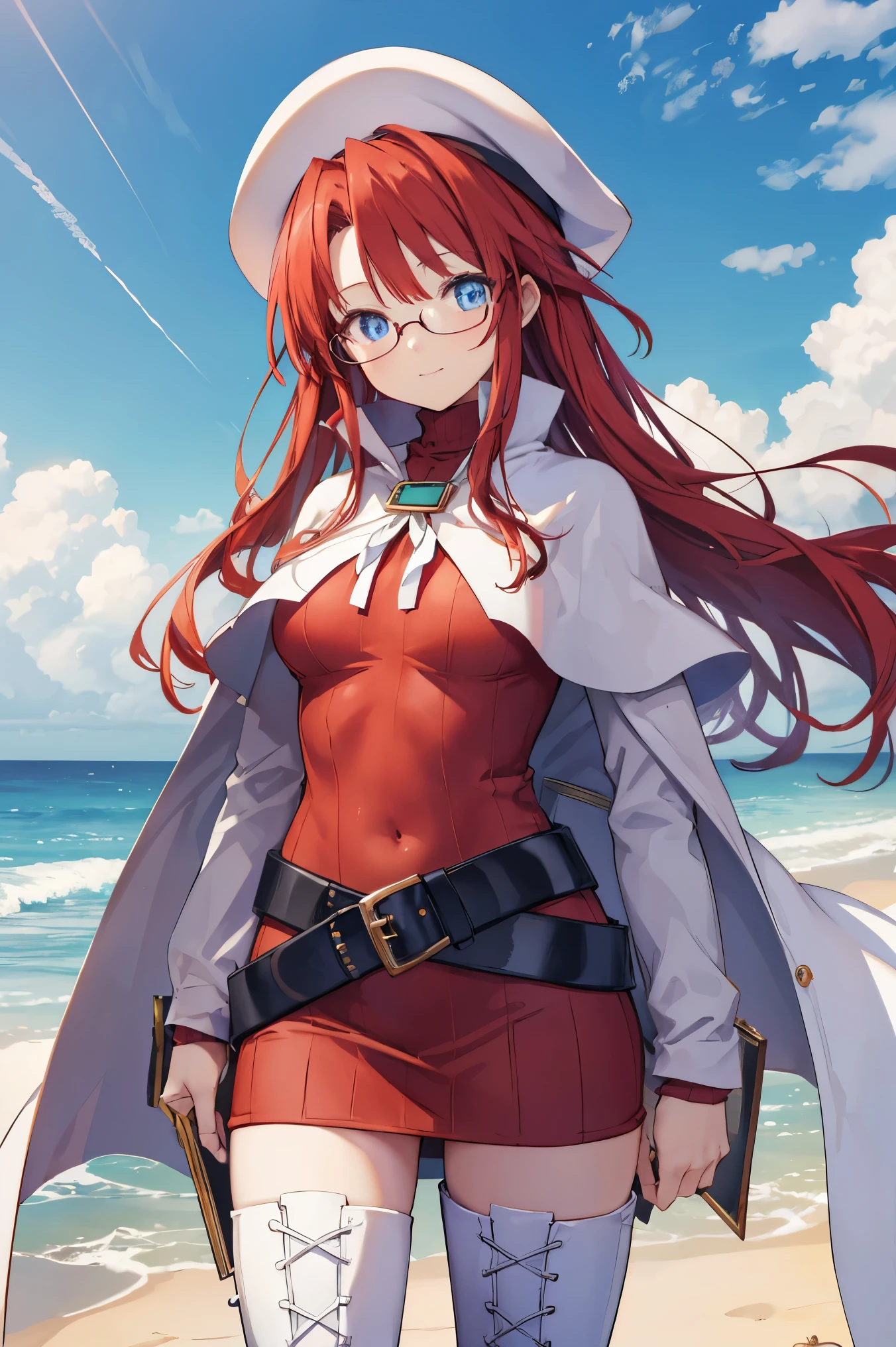 summonnightaty, aty, (young:1.3),long hair, blue eyes, red hair, big_berets, hat, glasses,
BREAK long hair, thighhighs, hat, dress, boots, glasses, belt, cape, sweater, zettai ryouiki, beret, thigh boots, white footwear, ribbed sweater, loose belt,solo,
BREAK outdoors, fantasy,on_beach,
,Highquality_hads,perfect_fingers,
BREAK (masterpiece:1.2), best quality, high resolution, unity 8k wallpaper, (illustration:0.8), (beautiful detailed eyes:1.6), extremely detailed face, perfect lighting, extremely detailed CG, (perfect hands, perfect anatomy),covered_nipples,covered_navel ,half_eyes,long_sword,sleepy,standing,red_sweater,apart_knees,magical_effect,spread_legs, have_a_book,teacher,rise_knee,Smile,rise_hand,look_down_viewer,spread_arms,sea​_waves,looking_into