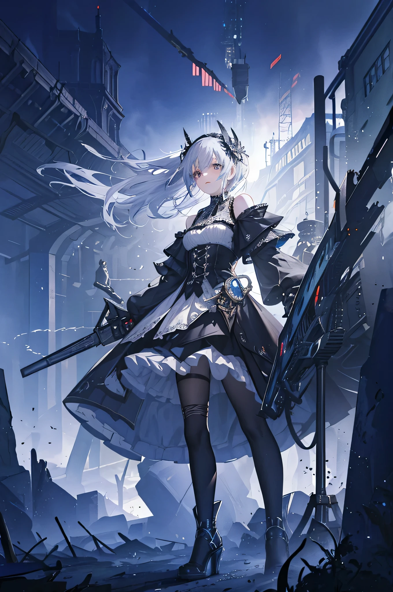 ((Best Quality)), ((Masterpiece)), (Details:1.4), 3D, Flying in the sky, arms turned into guns, Dynamic action poses in battle scenes, very complex and heavily fighter-like mechanical weapons, jet engines, android mage girls, mechanical bodies, countless glowing large spheres spinning around, lots of sparks crossing and splashing, off-the-shoulder fashion that fuses detailed and intricate steampunk and detailed gothic ta, poses that invoke magic, large spheres of light spinning and flying, countless neon lights pouring down from the heavens, very thin long legs, over-the-knee mechanical boots, intricate steampunk headgear, fluttering lace flared miniskirt, upturned and beautiful small breasts, clean long silver hair, long vertical curly, wind driven, cinematic lighting, 6K RAW, overlooking burning futuristic complex steampunk factory background