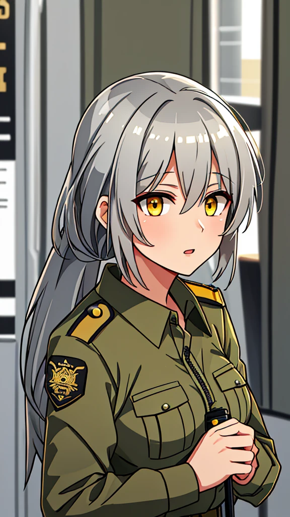 Female officer wearing khaki military uniform(Silver hair and golden eyes)