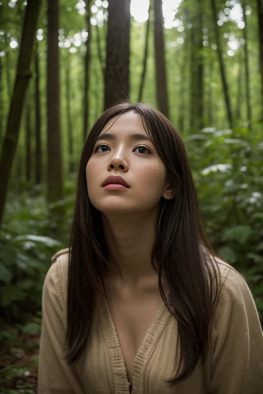 girl in the forest, Realistic picture, Beautifully detailed eyes and lips, Take a full wide-angle shot, She looked up at the sky., depressed expression, Dirty body, sink to the ground, Cover with a rag., dark and gloomy background, hdr, The texture suffers., bright colors, soft light, Village health worker,