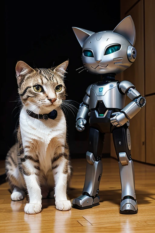 Draw beautiful cats in neuro style and a robot next to each other