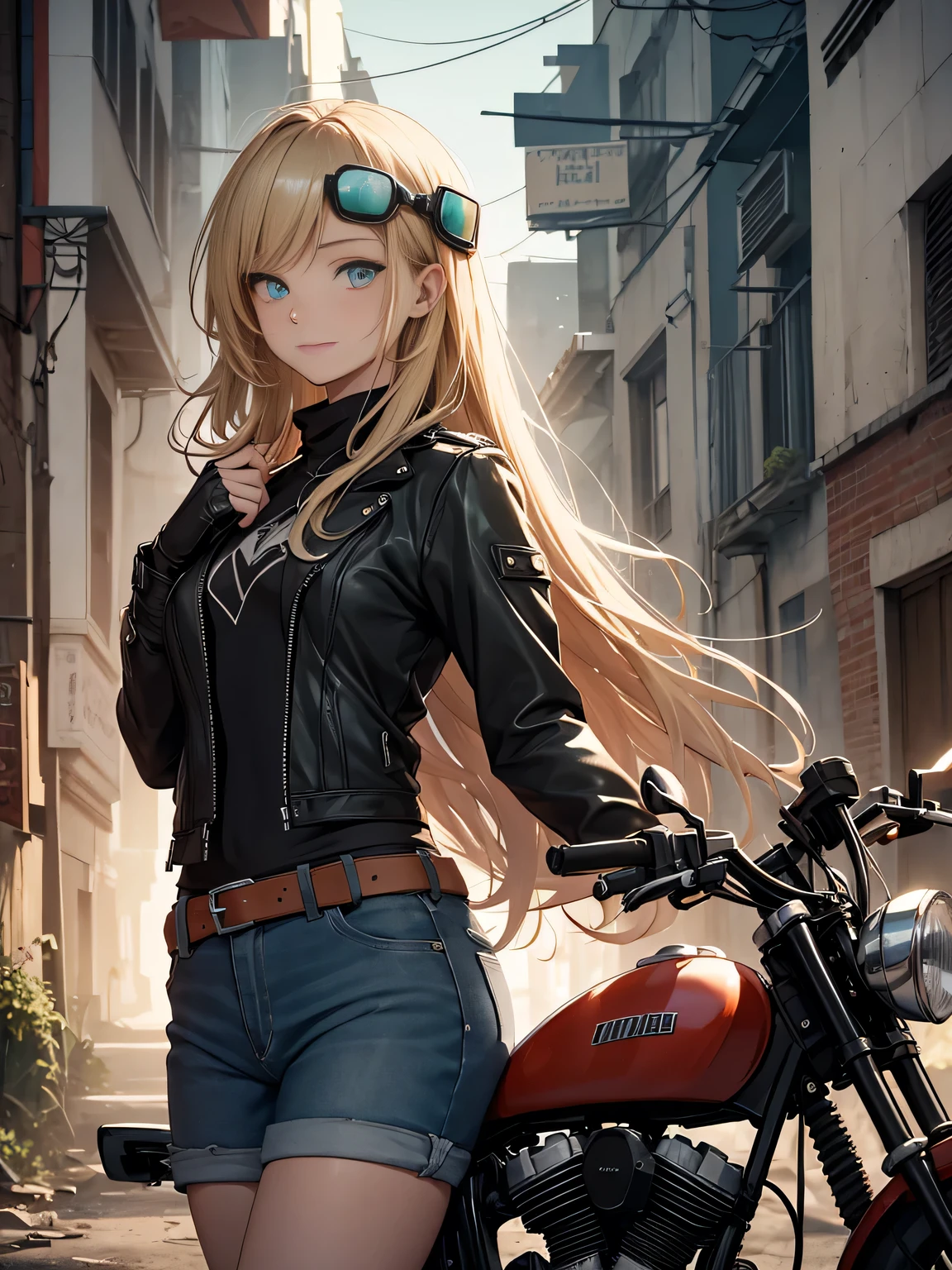masterpiece, best quality,1girl,(watercolor painting):1.2,pencil sketch,BREAK,18 years old, (jitome), delicious flat chest, (cyan eyes):1.2, long hair, strait hair,blond hair,empty_eyes,BREAK(red_rune_forehead_tattoo):1.8,(put pilot goggles on head),BREAKdark green long-sleeved shirt,black denim shorts, fingerless gloves, Leather boots,Hip Hop, Punk Look, Chain, darkbrown leather jacket,Expressionless,small smile,BREAKA photorealistic image of a young girl, Eliana, about 18 years old, riding her vintage 1970s-style black motorcycle through the ruins of an abandoned city at dusk. The scene captures her in a cowboy shot, riding intently through the decaying urban landscape. The ruins are filled with crumbled buildings, overgrown vegetation, and scattered debris, providing a stark contrast to the magical glow emanating from her motorcycle. Eliana is in side profile, focused on her path, her long blonde hair flowing behind her. The background conveys a sense of desolation and mystery, enhancing the post-apocalyptic fantasy setting.BREAKmasterpiece, best quality, ultra detailed, highres,4k,(ultra-detailed:1.4), newest,BREAKduch angle,cowboy shot,