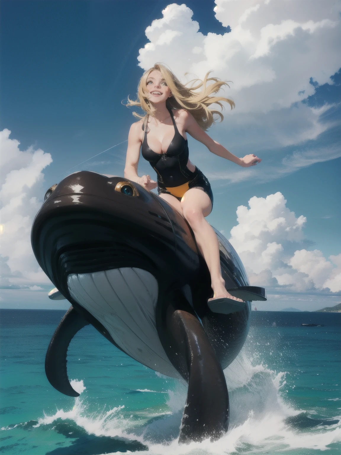 girl riding a whale, ocean, sunny, smiling, full body, realistic, scenery, sharp focus, bright pupils, blonde hair, wide angle