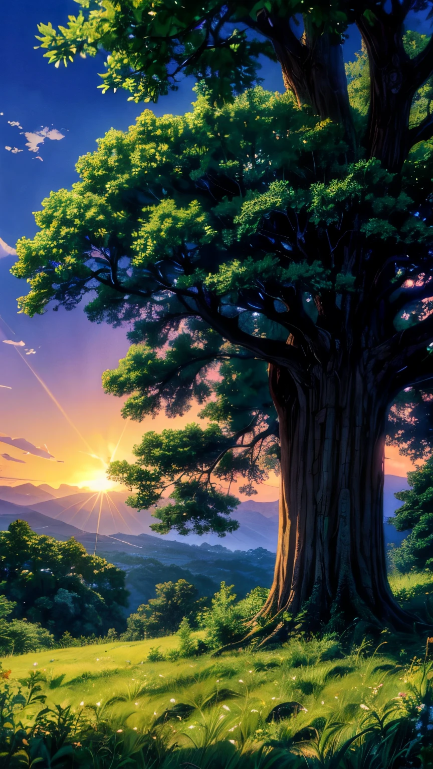 A magnificent, sprawling oak tree stands tall and proud in the center of a serene, sunlit meadow. The golden rays of the setting sun filter through its lush, green leaves, casting a warm, ethereal glow across the scene. The sky is a vivid mix of deep blue and soft orange hues, adorned with wispy, cotton-candy clouds catching the last light of day. The tree's massive, gnarled branches reach out like ancient, protective arms, with some leaves gently rustling in the soft breeze. The ground beneath is a mosaic of smooth rocks and patches of vibrant wildflowers in shades of pink, yellow, and purple. The atmosphere is tranquil and inviting, evoking a sense of peace and connection with nature. In the distance, rolling hills and dense clusters of trees add depth to the landscape, enhancing the feeling of being in a secluded, enchanted haven(far angle view)