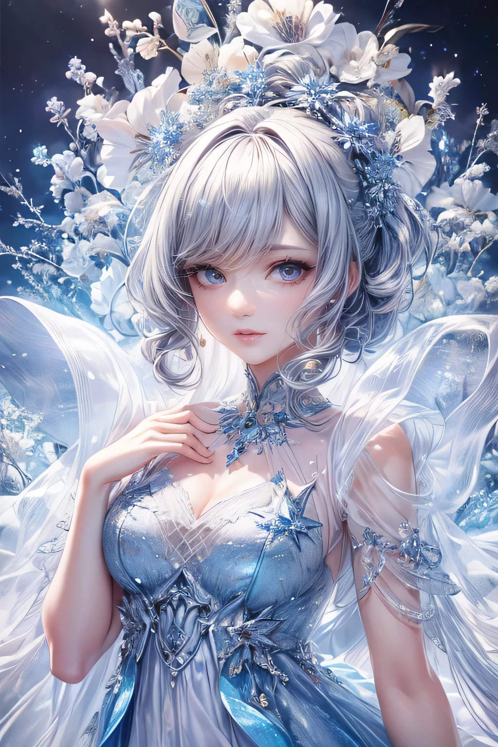 (best quality:1.4), (masterpiece:1.4), ultra-high resolution, 8K, CG, exquisite, upper body, solitude, Thumbelina, little princess, blue taffeta court dress, snowflake background, detailed facial features, silver-gray hair, almond-shaped eyes, intricate eye makeup, long lashes, gray eyes with a starry gaze, intricate lip details, soft and harmonious style.