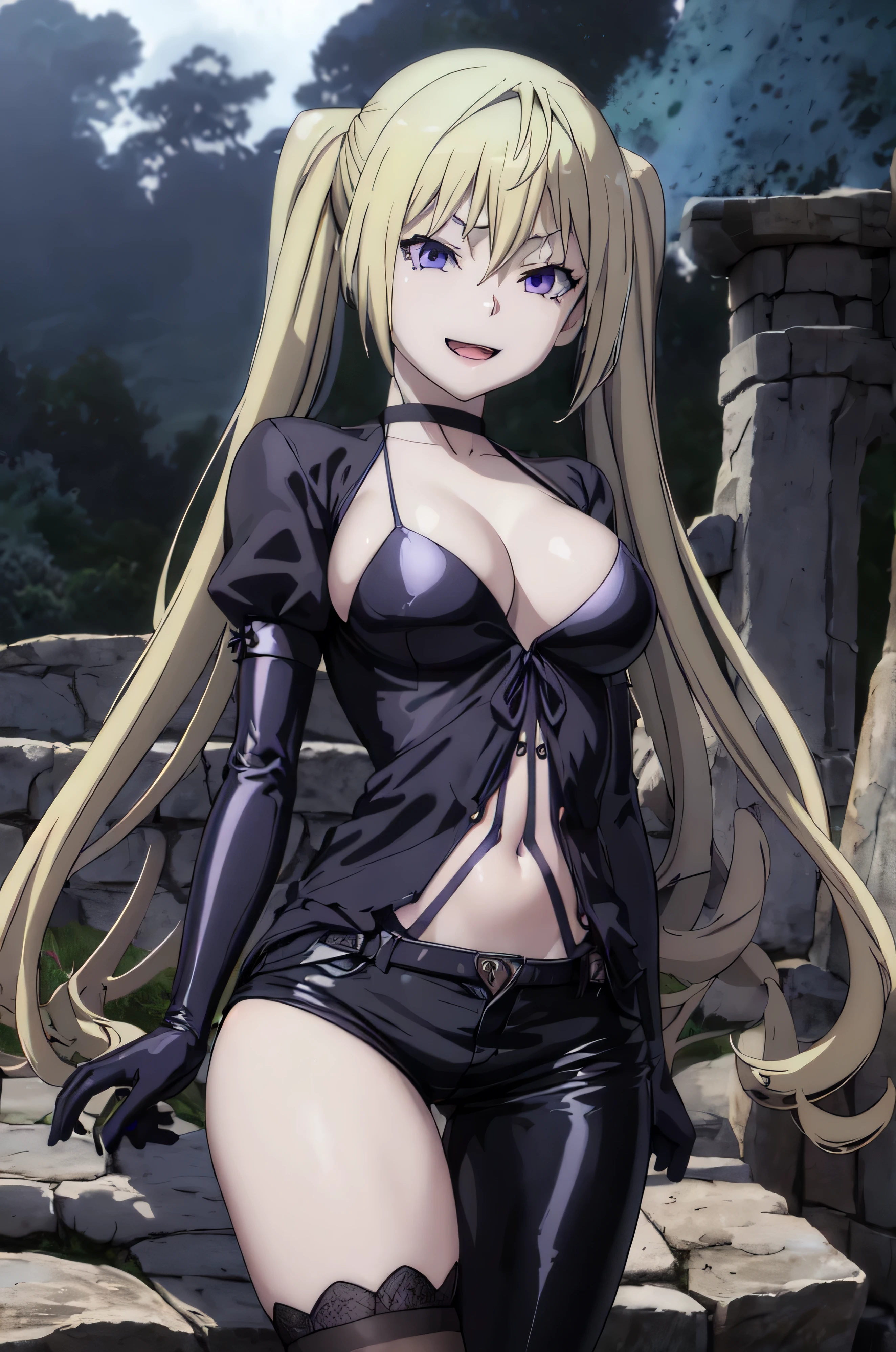 (masterpiece, best quality), 1girl, lieselotte sherlock,high quality, extremely detailed, ,(dark and stormy skies, lightning)(masterpiece:1.0),(Highest_quality:1.0), 超High resolution,4k,Super detailed, photo shoot, 8K, HDR, High resolution, disorganized:1.2, twintail,,looking at viewer,latex,elbow gloves,,, ,official art,short pants,(beautiful_face:1.5),(narrow_waist),,Highly detailed CG Unity 8K wallpaper, perfect lighting,laugh at,evil smile,evil smirk,looking at viewer,upper boby,open mouth,black and purple light background,