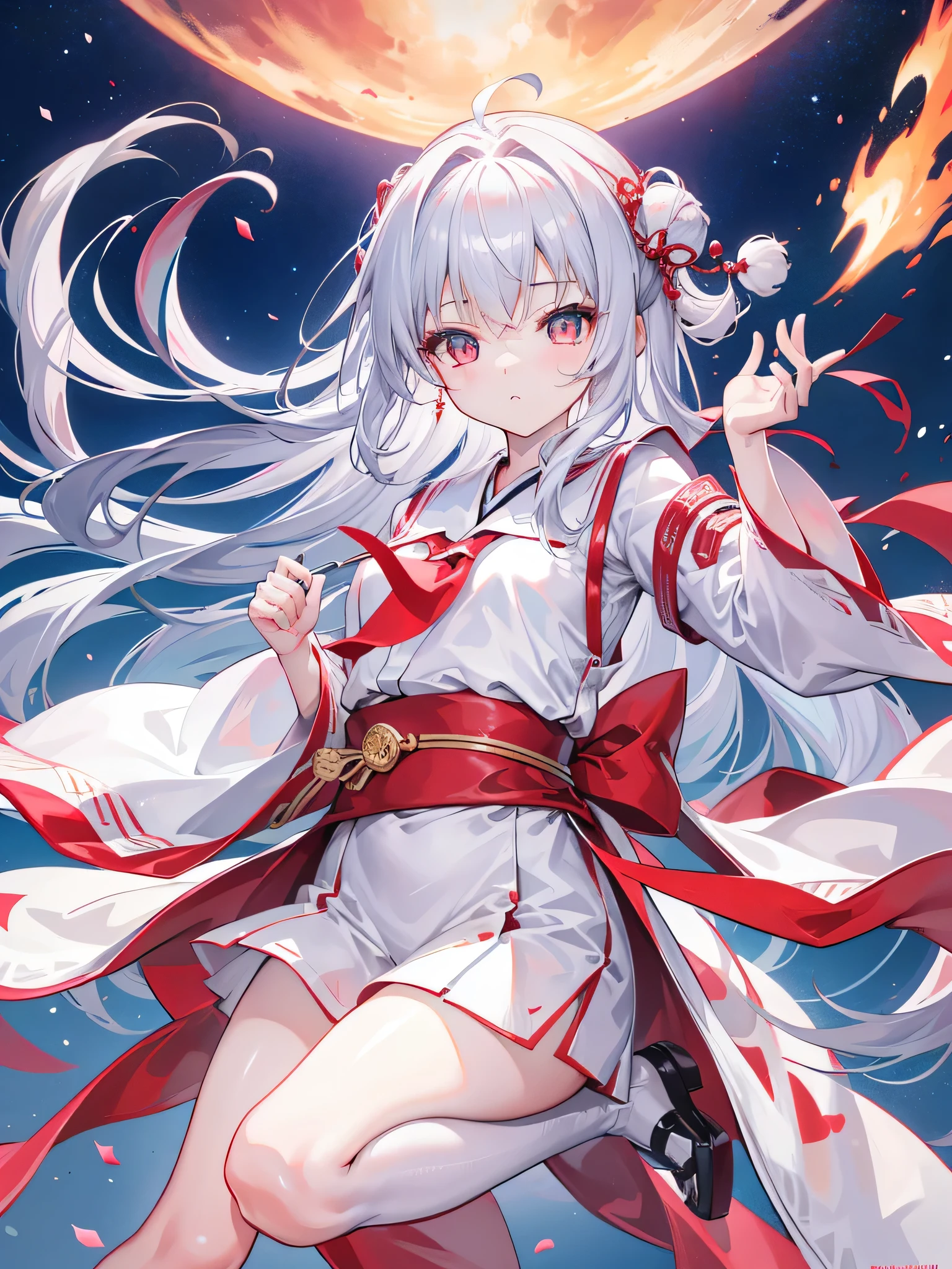 (CG Unity 8K wallpaper with the best picture quality and ultra-detail、tmasterpiece),Floating、A high resolution、dynamic angle、Dynamic pose、A young girl、Silvery hair(1.3)、red color eyeorbidly cute、Japanese Student Uniform