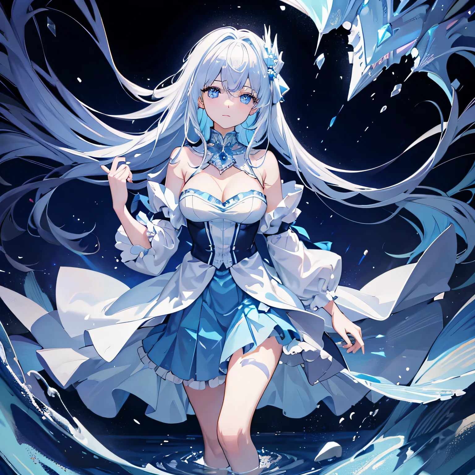 tmasterpiece,Best quality,one-girl,Alone,icey,blue skirts,A princess,nobles,apathy,There was a hint of sadness in his eyes,Rich cleavage,The barefoot,Blue-white gradient hair,Float on snow-covered water,diadems