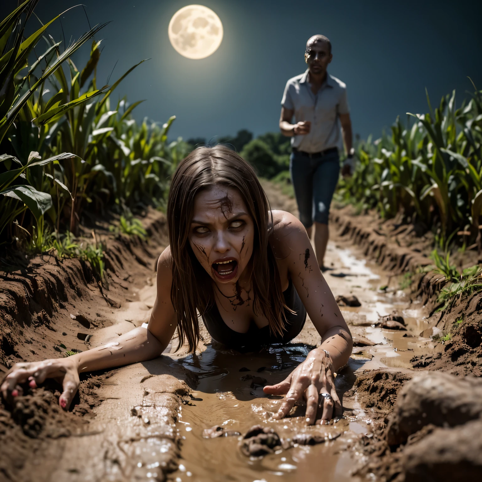 zumbi saindo da terra, she is crawling on the floor, she is covered in mud, she is in a cornfield, she is dressed to get married, It&#39;s night and the moon is shining