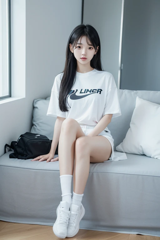 a korea beautiful student girl, black long hair, white ankle socks, sneakers, athletic shorts, t-shirts, graceful legs, delicate feet.., UHD, masterpiece, super detail, high quality, best quality, highres, award winning, high details. White Moonlight