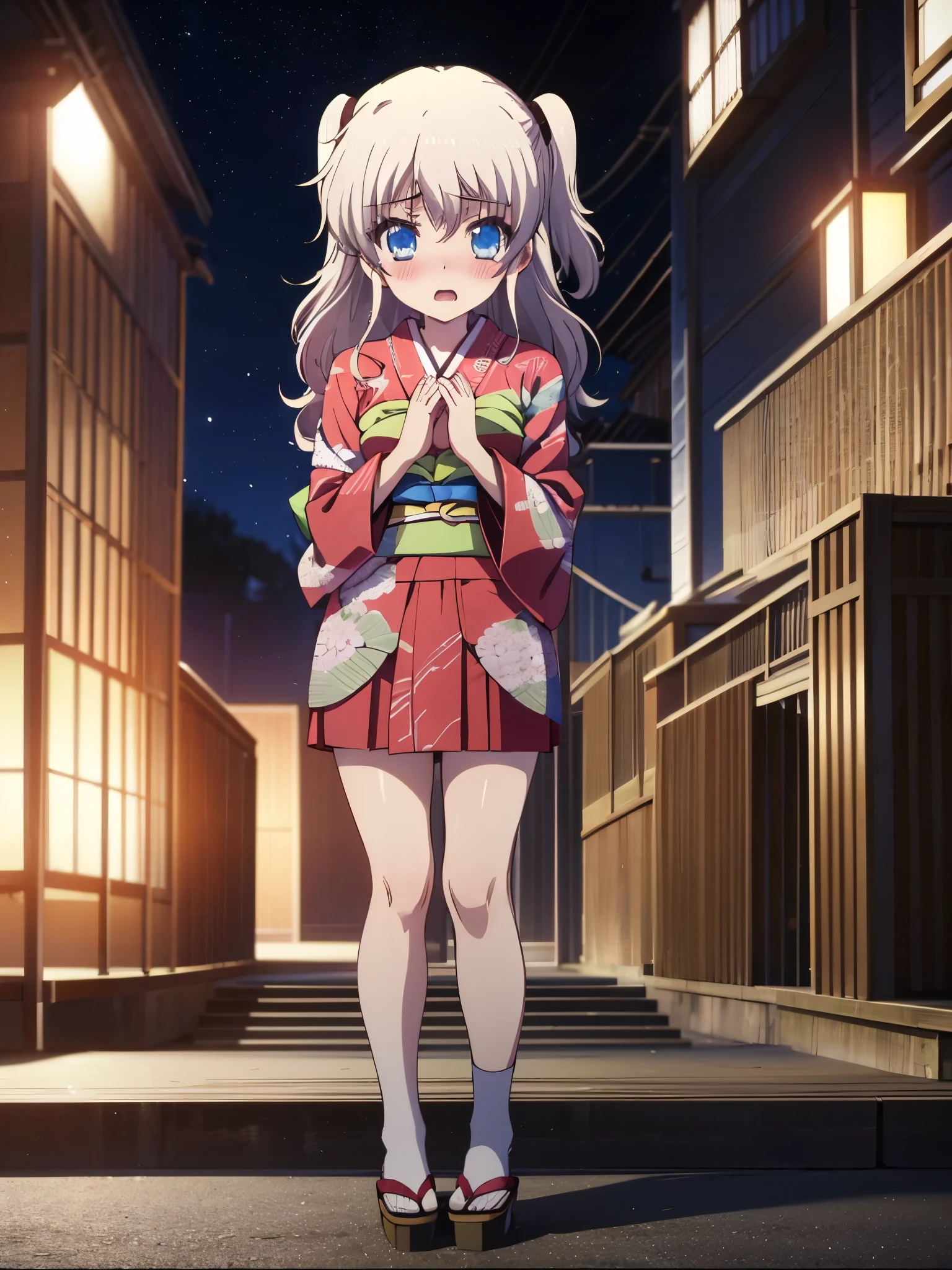 NSFW,1 girl,nao tomori,(High-quality kimono:1.5),mini skirt,Long-sleeved kimono,(Perfect hands),(Perfect Anatomy),(masterpiece),(highest quality),Embarrassed,blush,Shrine at night