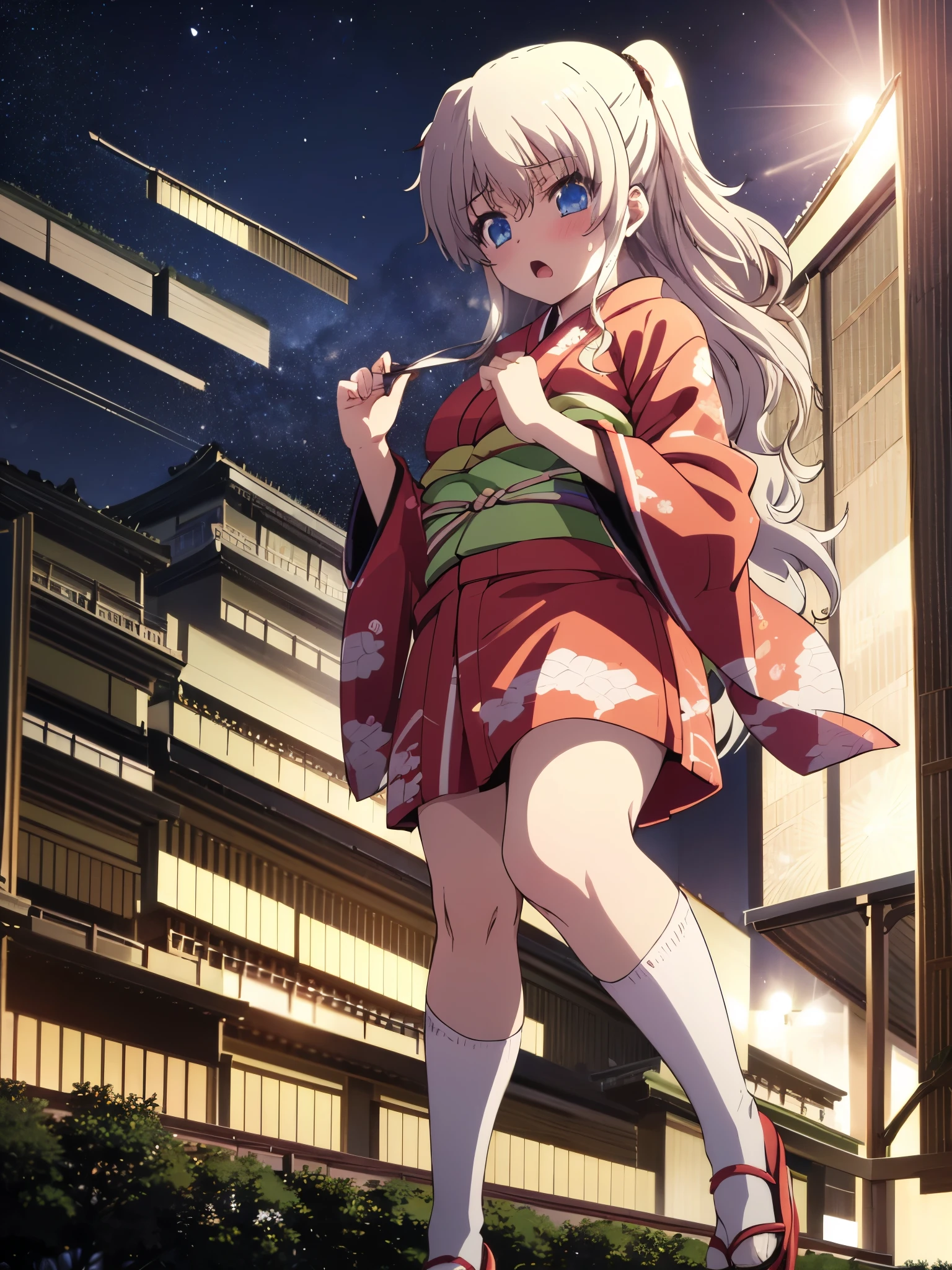 NSFW,1 girl,nao tomori,(High-quality kimono:1.5),mini skirt,Long-sleeved kimono,(Perfect hands),(Perfect Anatomy),(masterpiece),(highest quality),Embarrassed,blush,Shrine at night