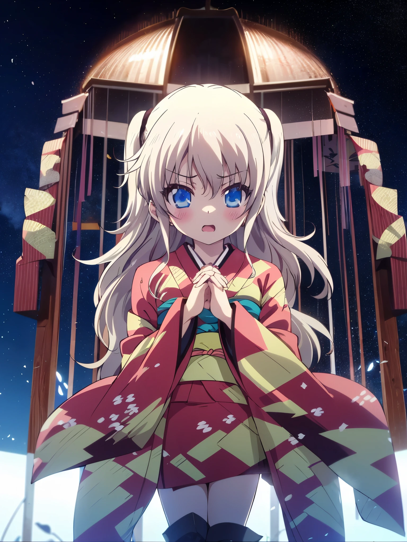 NSFW,1 girl,nao tomori,(High-quality kimono:1.5),mini skirt,Long-sleeved kimono,(Perfect hands),(Perfect Anatomy),(masterpiece),(highest quality),Embarrassed,blush,Shrine at night