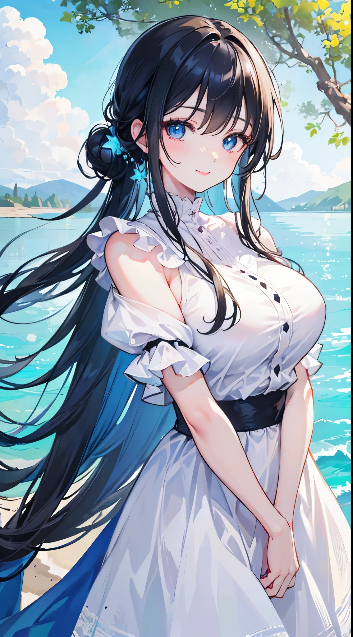 masterpiece, highest quality, Very detailed, Beautiful lighting, girl、Black Hair, (Bright Blue Eyes: 1.3), Are standing, The park is off-limits, Beautiful views, Mild hot flashes, smile, (cute smile: 1,1), (Bright lips: 1,1), (Beautiful Eyes: 1,1), Long Hair、White clothes、Hair tied up、Big Breasts、Sweat、summer、Being in the shade、Coastal、Hair blowing in the wind、Slow and fast