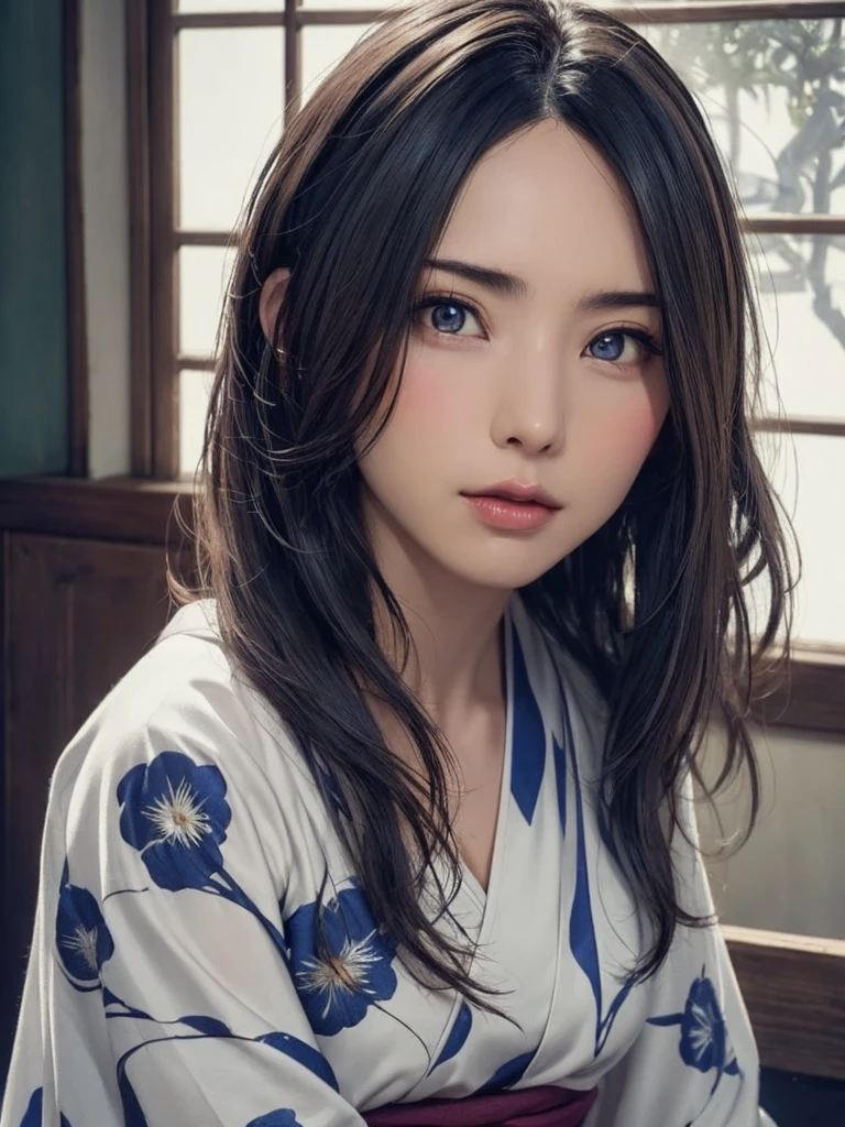 (highest quality、8k、32k、masterpiece)、(masterpiece,up to date,Exceptional:1.2), anime,One girl,Front hair,black_hair, Beautiful 8k eyes,Looking_in_Audience,One person in,Are standing,((Very beautiful woman, Fuller lips, Japanese pintern kimono))、((Colorful Japanese kimono)))、(((Medium Shot)))、Blunt bung、(High resolution)、Very beautiful face and eyes、1 girl 、Round and small face、Narrow waist、delicine body、(highest quality high detail Rich skin details)、(highest quality、8k、Oil paints:1.2)、Very detailed、(Realistic、Realistic:1.37)、Bright colors、(((blackhair)))、(((Blunt bung,Long Hair)))、(((cowboy pictures)))、((( Inside an old Japanese house with a (short focus lens:1.4),)))、(masterpiece, highest quality, highest quality, Official Art, beautifully、aesthetic:1.2), (One girl), Very detailedな,(Fractal Art:1.3),colorful,Most detailed,Sengoku period(High resolution)、Very beautiful face and eyes、1 girl 、Round and small face、Tight waist、Delicine body、(highest quality high detail Rich skin details)、(highest quality、8k、Oil paints:1.2)、(Realistic、Realistic:1.37)、Greg Rutkowski Written by Alphonse Mucha Ropp,short ,uchikake,nishijin ori,(realistic light and shadow), (real and delicate background),(muted colors, dim colors, soothing tones:1.3), low saturation, (hyperdetailed:1.2), (noir:0.4),drow,blurry_light_background, (vibrant color:1.2), cinematic lighting, ambient lighting,Single Shot,Shallow Focus,pink lip,blurry light background,
