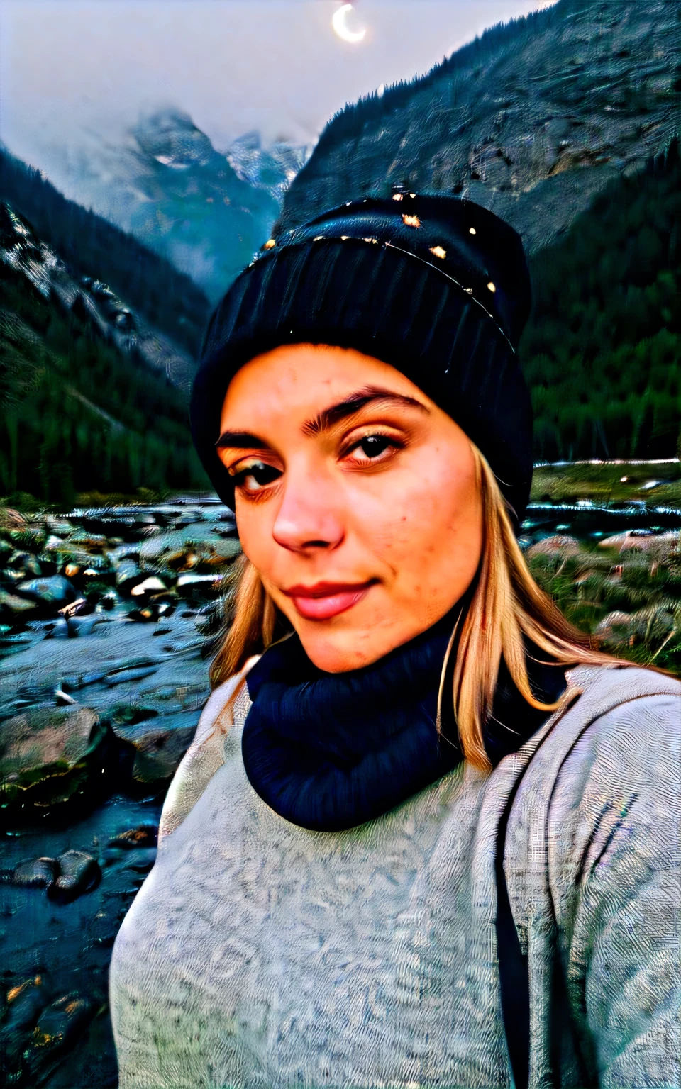 photograph, photo of beautiful woman, selfie, upper body, solo, wearing pullover, outdoors, (night), mountains, real life nature, stars, moon, cheerful, happy, gloves, sweater, beanie, forest, rocks, river, wood, smoke, fog, looking at viewer, skin texture, photo grain, close up, RAW photo