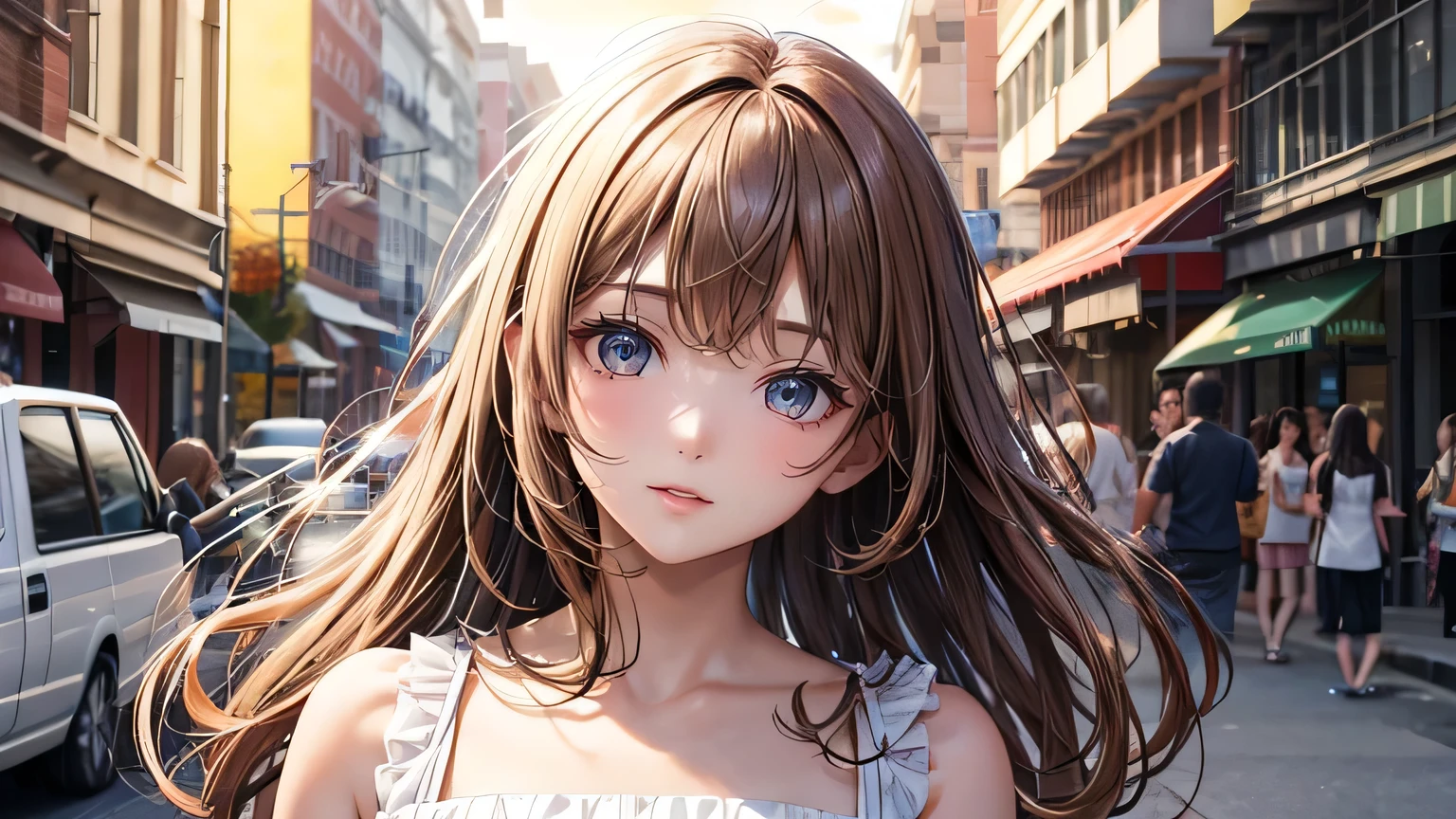 One 20-year-old woman : 1.3, Light brown hair: 1.2, 1.2,Sunset,On a street corner at sunset: 1.1, Ultra-high resolution, Accurate, Super detailed, Textured skin, High detail, highest quality, 8k,Thin bangs,Upper Body,Thick body, Well-drawn eyes, Focus on the face,summer,A cute light-colored dress,Detailed hair depiction,Detailed depiction of eyes、Detailed depiction of hair、