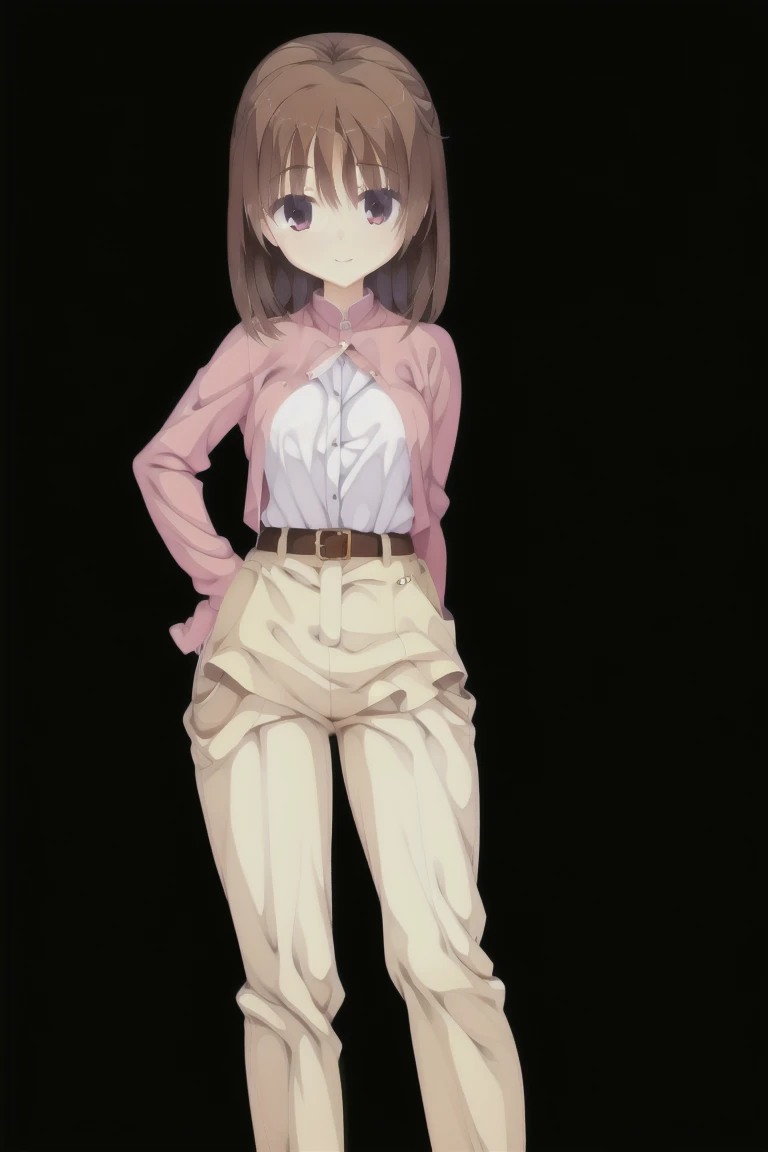 1girl,solo,smiling, woman, brown hair, medium hair, white frilly blouse, white blouse, loose pants, brown pants, (pants:1.3), black belt, small breast, full body, Character portrait, expensive_solve, clear_image, expensive_Contrast, 8k, Sparkling, beautiful_detailed_face_and_eye, (Brown Hair:1.25), 白 eye,Black background