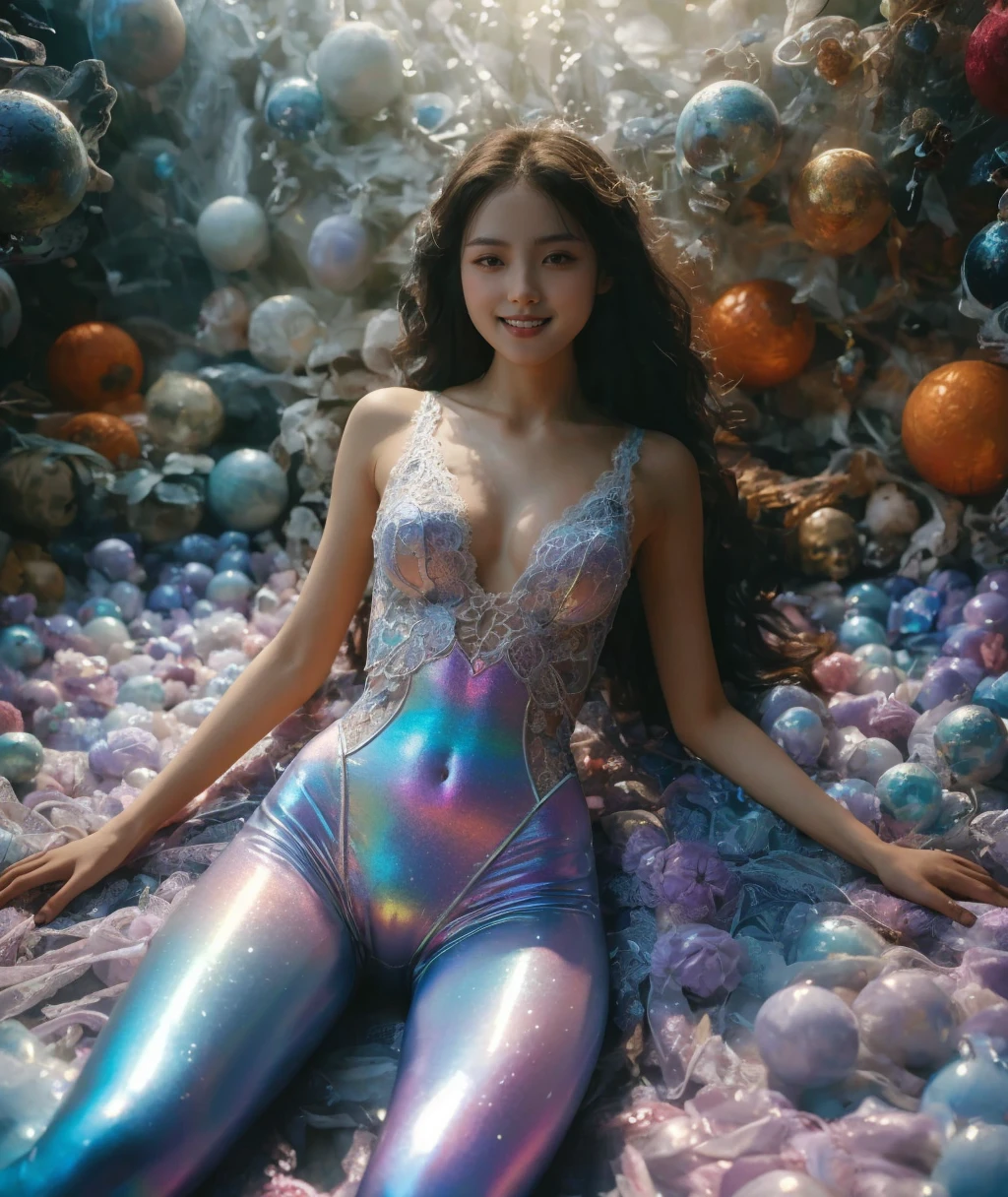 (masterpiece, best quality:1.2), 1girl, solo,yaoye,anatomical correct,fullbody,lying on,iridescent ,long hair,smile,barefoot,lace bodysuit, shiny leggings,anatomically correct