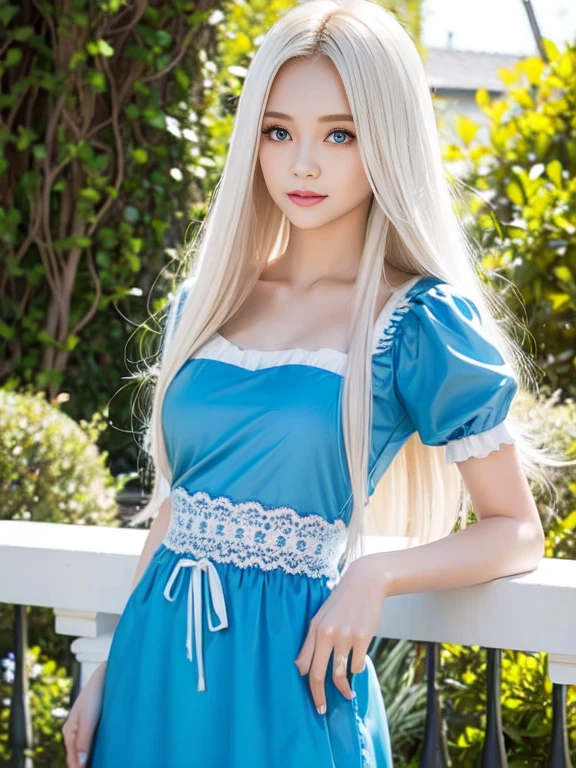 portlate、Alice in Wonderland、Blue sky、Bright and very beautiful face、Young shiny shiny white shiny skin、Best Looks、Platinum blonde hair with dazzling highlights、finer hair、beautiful long back hair that is very straight,,,,,,,,,、Super long silky straight hair、Beautiful bangs that shine、Glowing crystal clear big blue eyes、very beautiful nice beautiful girl、White Apron、Blue Dress