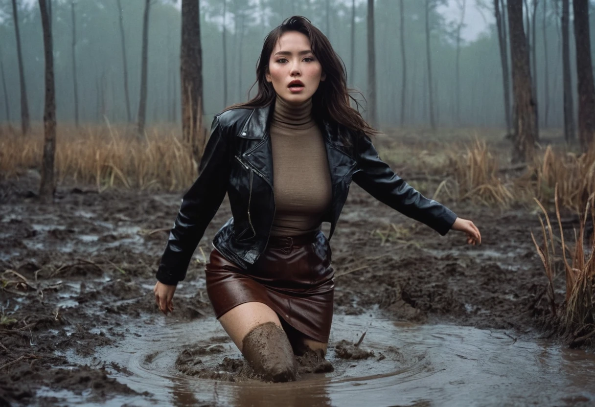 8k, ultra-detailed, grainy film photo, masterpiece,muted colors, from side view, muffled light, dusk, rainy, moody, noir, woman drowning in forest mud bog, shame expression, stockings, brown turtleneck, skirt, faded leather jacket, beautiful long brunette hair, depraved outfit,asian:0.5fetishistic makeup, 5fingers,beige, brown, red