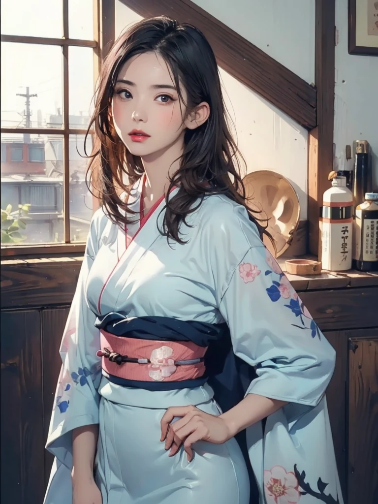 (highest quality、8k、32k、masterpiece)、(masterpiece,up to date,Exceptional:1.2), anime,One girl,Front hair,black_hair, Beautiful 8k eyes,Looking_in_Audience,One person in,Are standing,((Very beautiful woman, Fuller lips, Japanese pintern kimono))、((Colorful Japanese kimono)))、(((Medium Shot)))、Blunt bung、(High resolution)、Very beautiful face and eyes、1 girl 、Round and small face、Narrow waist、delicine body、(highest quality high detail Rich skin details)、(highest quality、8k、Oil paints:1.2)、Very detailed、(Realistic、Realistic:1.37)、Bright colors、(((blackhair)))、(((Blunt bung,Long Hair)))、(((cowboy pictures)))、((( Inside an old Japanese house with a (short focus lens:1.4),)))、(masterpiece, highest quality, highest quality, Official Art, beautifully、aesthetic:1.2), (One girl), Very detailedな,(Fractal Art:1.3),colorful,Most detailed,Sengoku period(High resolution)、Very beautiful face and eyes、1 girl 、Round and small face、Tight waist、Delicine body、(highest quality high detail Rich skin details)、(highest quality、8k、Oil paints:1.2)、(Realistic、Realistic:1.37)、Greg Rutkowski Written by Alphonse Mucha Ropp,short ,uchikake,nishijin ori,(realistic light and shadow), (real and delicate background),(muted colors, dim colors, soothing tones:1.3), low saturation, (hyperdetailed:1.2), (noir:0.4),drow,blurry_light_background, (vibrant color:1.2), cinematic lighting, ambient lighting,Single Shot,Shallow Focus,pink lip,blurry light background,