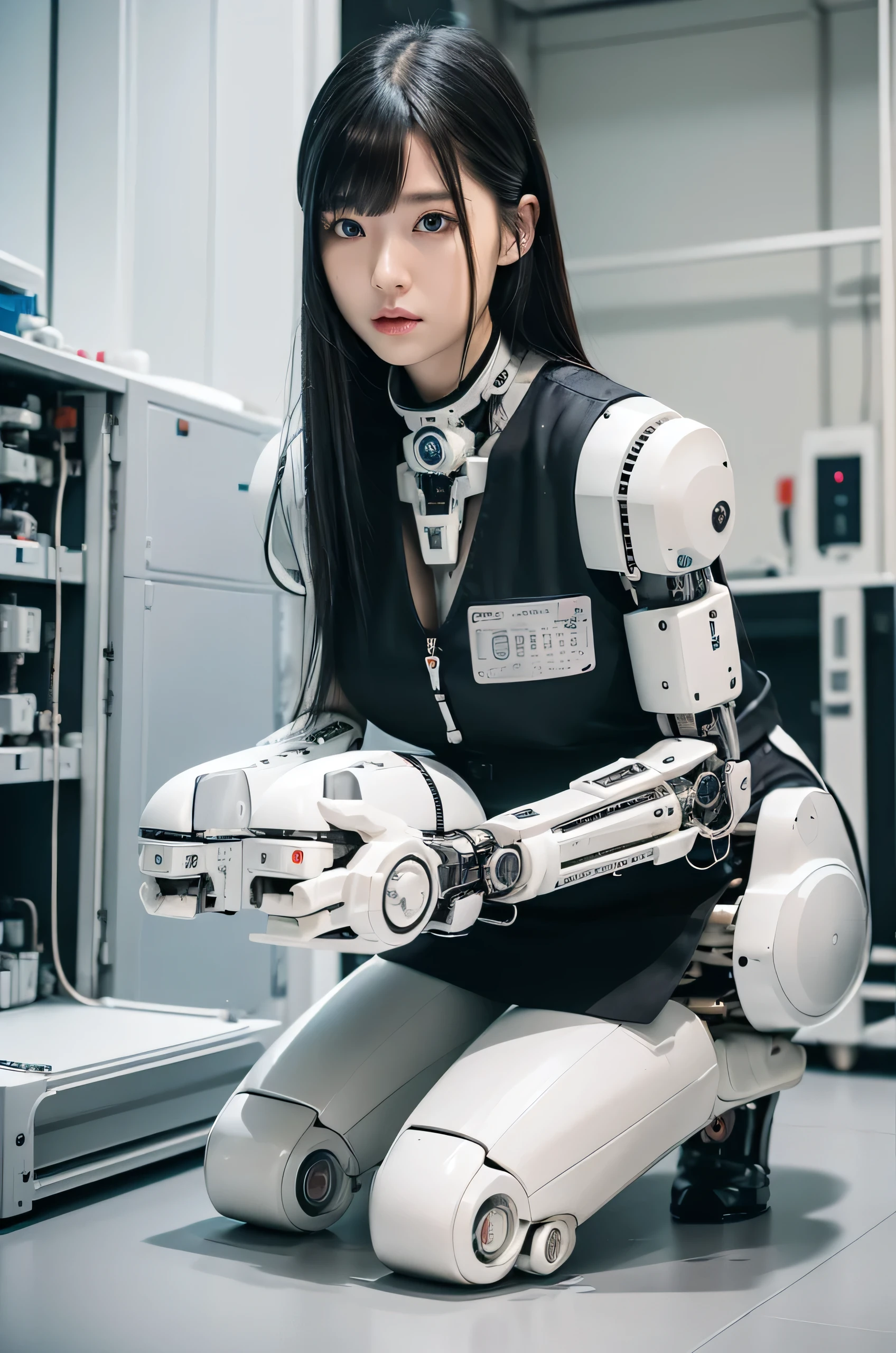 masterpiece, best quality, extremely detailed, Japaese Cyborg Girl,Plump , White boots,control panels,android,Droid,Mechanical Hand, ,clothes with a sense of mechanical technology, Robot arms and legs, Black Robot Parts,Black hair,Mechanical body,dress shirt,long vest,Blunt bangs,White abdomen,White robotics parts,perfect robot woman,future laboratory,cyber pank,charging spot,laboratory,long tube,thick cable connected her neck,kneel on the floor,bowing,ceramic body ,mechanical body,blue eyes,android,robot humanoid