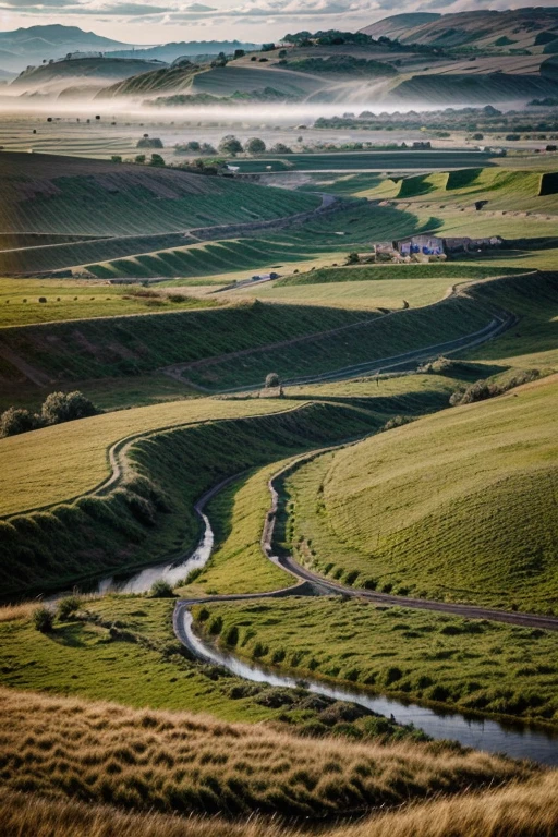 award-winning art, trending on artstation, masterpiece digital art, Lush grasslands, stretching as far as the eye can see, teeming with wildlife and dotted with small villages.