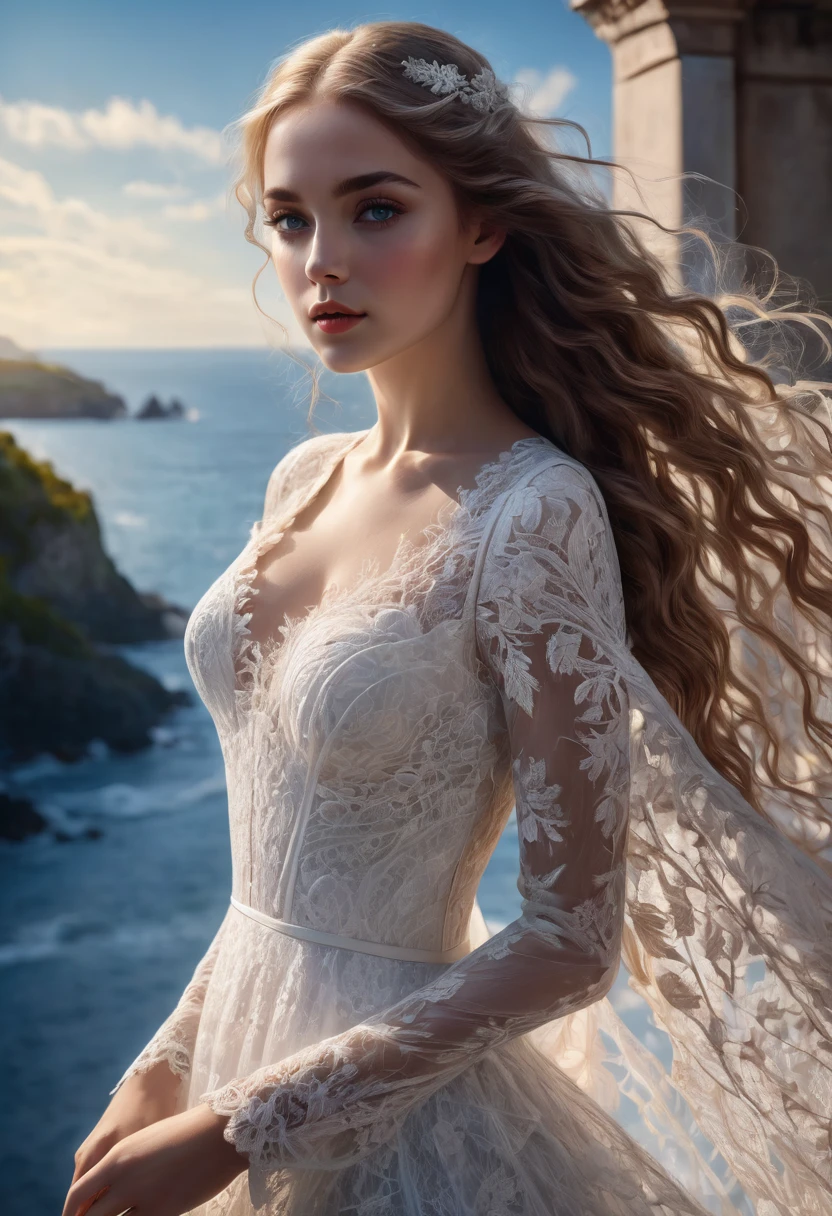 White Lace, Gorgeous highly detailed young lady with intricate white lace dress, beautiful long wavy hair, intricately detailed blues eyes, Seductive, Attractive, Elegant, Lumen Global Illumination, Scenic, Hyper-Realistic, Hyper-Detailed, 8k, Fliegenpilz,Artgerm, Wlop, by Greg Rutkowski