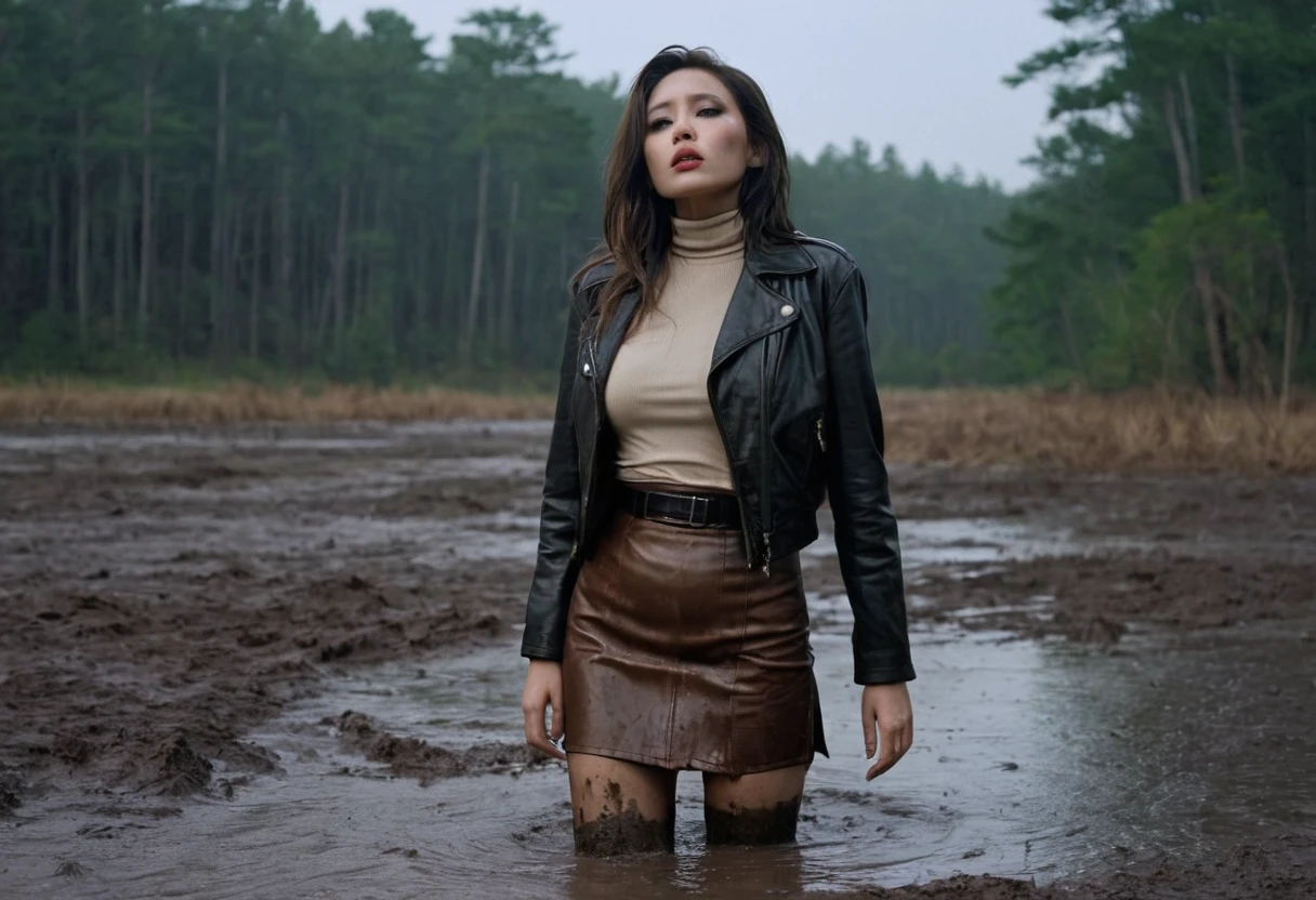 8k, ultra-detailed, grainy film photo, masterpiece,muted colors, from side view, muffled light, dusk, rainy, moody, noir, woman drowning in forest mud bog, shame expression, stockings, brown turtleneck, skirt, faded leather jacket, beautiful long brunette hair, depraved outfit,asian:0.5fetishistic makeup, 5fingers,beige, brown, red