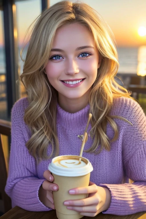 Cute beautiful blonde in a purple sweater (Drinking coffee in a modern seaside cafe at sunset), Very detailed, 18-year-old, Innocent face, Naturally Wavy Hair, blue eyes, High resolution, masterpiece, highest quality, Intricate details, Very detailed, Sharp focus, Fine skin, Realistice Hauttextur, texture, Fine grain, Professional, 4K, Cute Smile, Taken with a Canon, 85mm, Depth of written boundary, Kodak Vision Color, Perfectly Fit Body, Very detailed, photograph_\(Ultra\), fotoRealistic, Realistic, Post-processing, Maximum detail, Roughness, Real Life, UltraRealistic, photographrealismus, photographgrafie, 8K UltraHD, photographgrafie