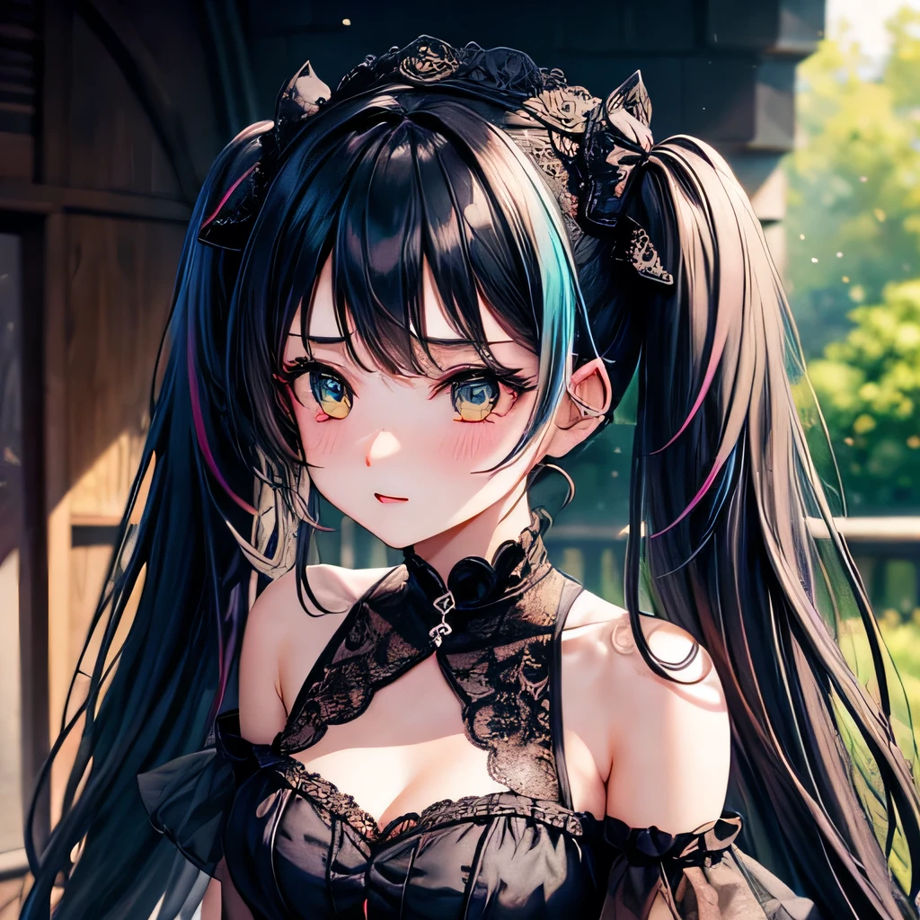 (One girl),Gothic,Twin tails up to the waist,Black Hair, Organza Lace,Gorgeous and elaborate clothes,Gothic, flight, green, (colorful), Bold, Gradient Blend, Motion Blur, Sparkling Texture, Dynamic configuration, Atmospheric perspective, Impressionist, , (masterpiece), (highest quality), wonderful, (Beautiful fine details), (In detail), Depth of written boundary, Highly detailed CG, original, Highly detailed wallpaper, (Vibrant colors), Cinema Lighting,  (colorful), blush,The setting is the Demon King&#39;s Castle　Part of my hair is green　Countless swords are floating　Draw the whole body