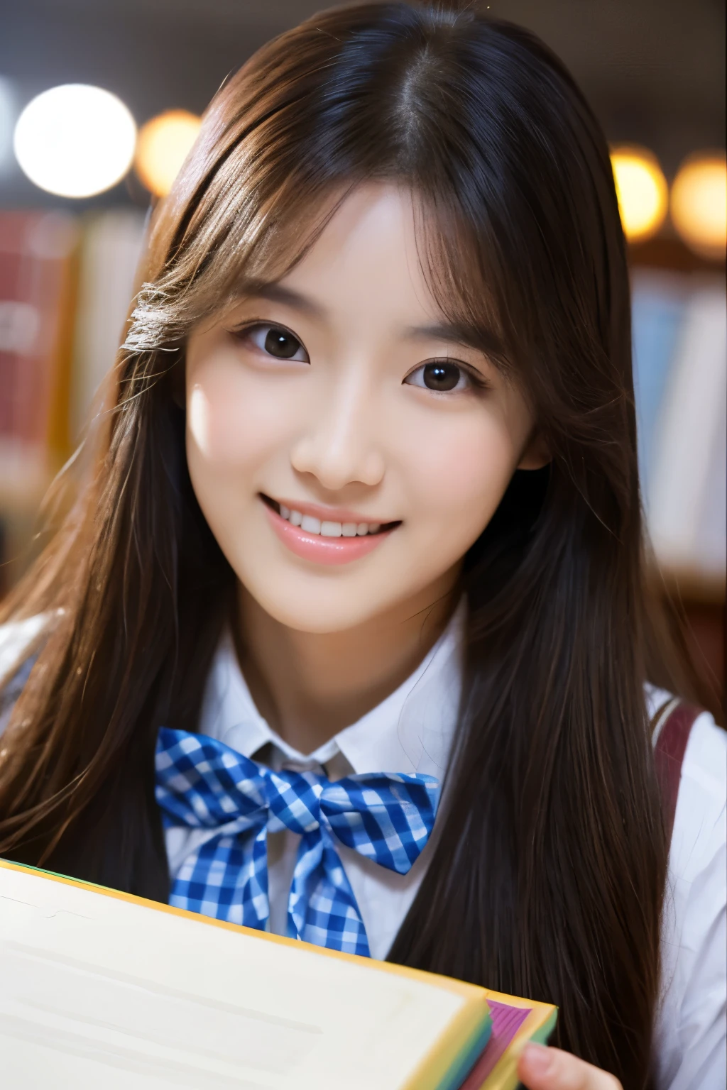 best qualtiy，tmasterpiece，Ultra-high resolution，（Reality：1.4），RAW photogr，1girll，long whitr hair，Face Highlighting，Pure，Girly，Flushing，18yr old，18-year-old smiling female classmate，Pure，Innocent，（best qualtiy，8K，tmasterpiece:1.3），Goose egg face，largeeyes，long eyelasher，Exquisite（live-action realistic style），Star-like eyes，Ultimate face，Photorealistic light and shadow，Clear facial features，Milky white skin，Fair skin， highdetailskin， Realistic skin details， Visible Pore，（Super detail），（perfect bodies：1.1），long whitr hair，（dynamicposes），((Dynamic background((volumettic light：1.3))，‎Classroom，Plaid skirts，red bowtie，huge tit，White color blouse，There was a stack of books on the table，The blackboard is full of mathematical formulas