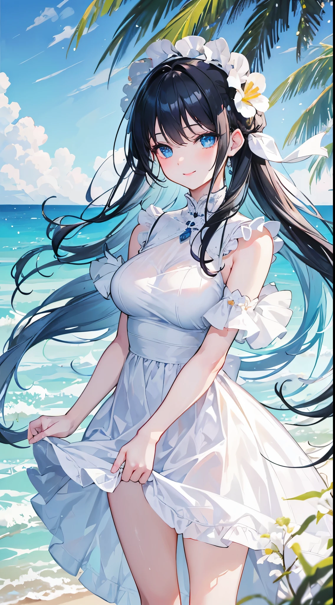 1girl, dark brown beautiful eyes, long black hair, beautiful smile, wearing white dress, wearing summer hat, sky blue background, absurdres, high res, ultrasharp, 8k, masterpiece, looking at viewer, cowboy shot, beautiful shining effects