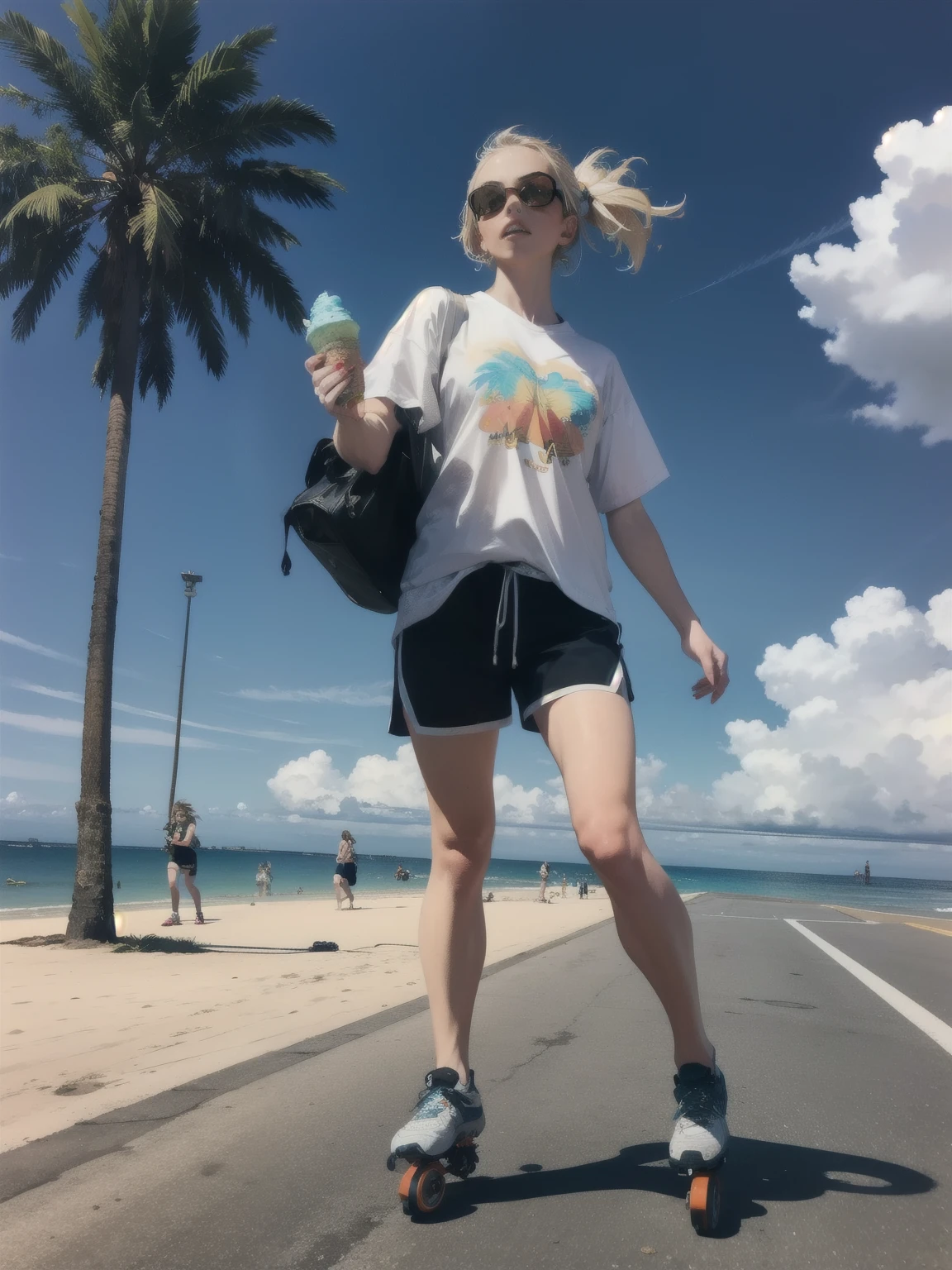 girl rollerblading by the beach, rollerblades, orange sunglasses, holding an icecream, palm trees, sandy beach, pavement, neon shorts, white t-shirt, sunny, realistic, beautiful, scenery, dynamic light, sharp focus, bright pupils, illustration