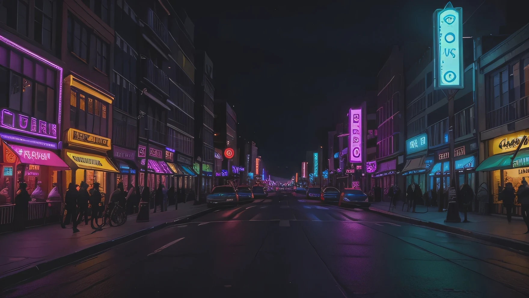 Create a high-quality, visually stunning image titled "Neon Nocturne". The scene should depict a vibrant city at night, illuminated by colorful neon lights,Downtown,