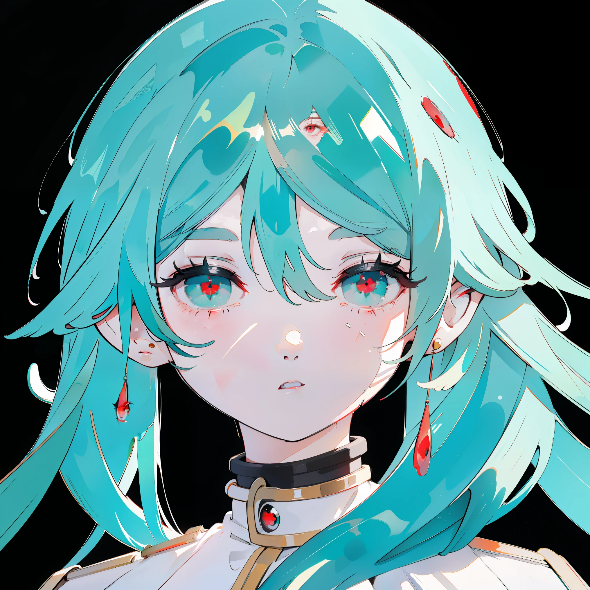 Young woman, Upper body, big face. turquoise hair, Red eyes, black , simple background