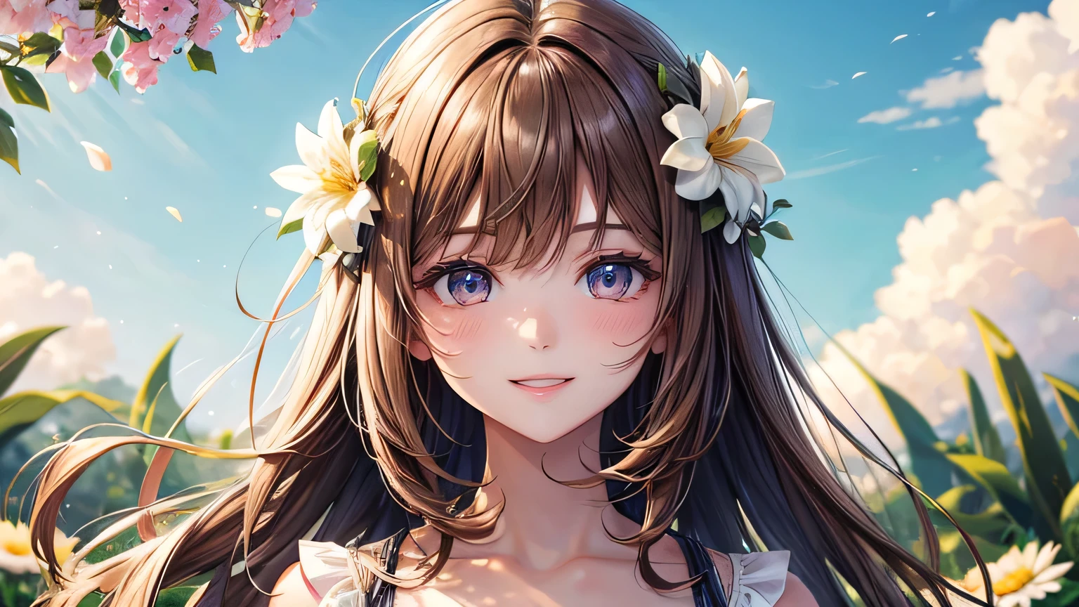 One 20-year-old woman : 1.3, Light brown hair: 1.2, 1.2,In the flower field: 1.1, Ultra-high resolution, Accurate, Super detailed, Textured skin, High detail, highest quality, 8k,Thin bangs,Upper Body,Thick body, Well-drawn eyes, Focus on the face,summer,A cute light-colored dress,Detailed hair depiction,Detailed depiction of eyes、Detailed depiction of hair、A big smile、