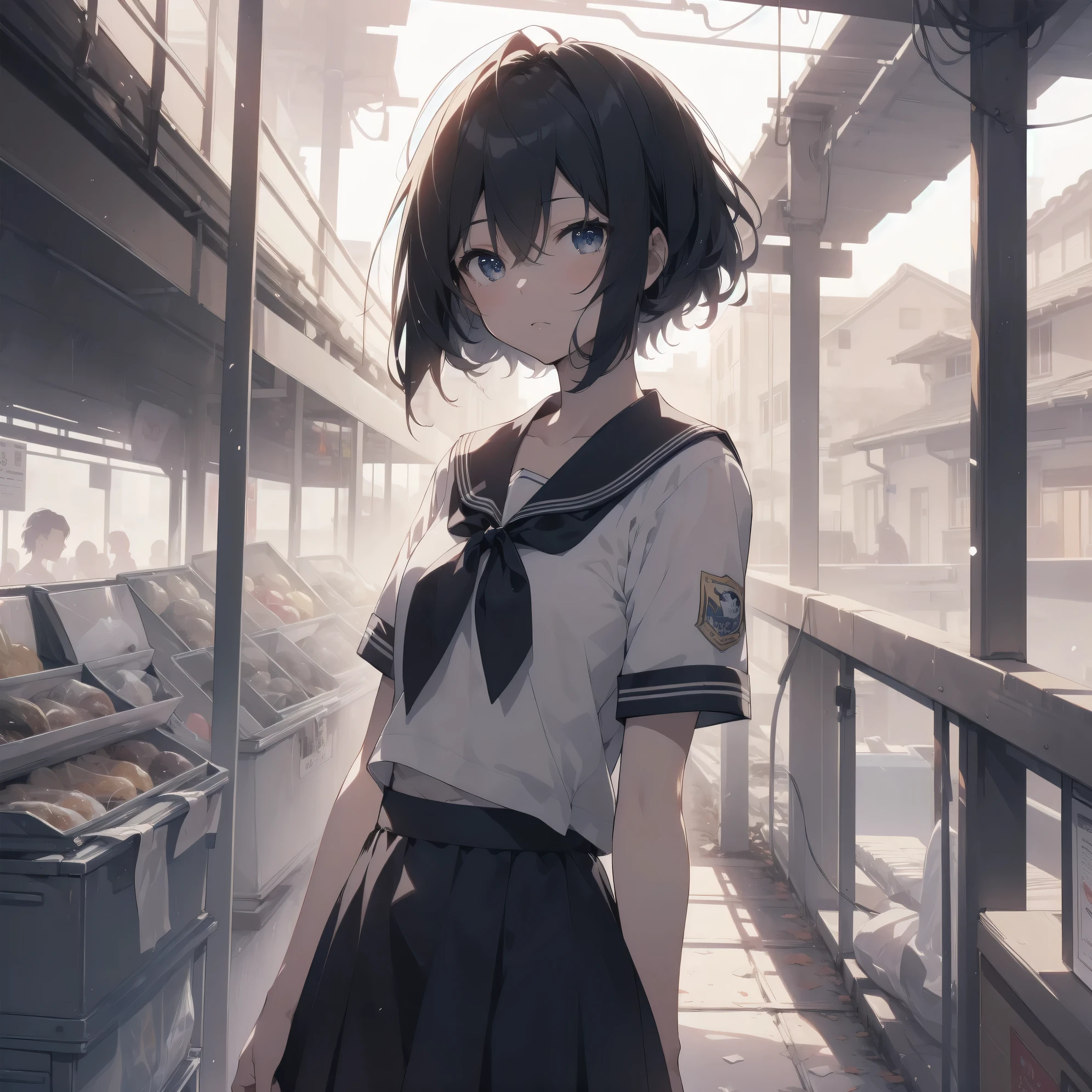 ultra-absurdres-Top quality by artist God, ultra-detailed, high resolution, anime moe artstyle, best anime 8k konachan wallpaper, pixiv contest winner, pool:2810, perfect anatomy,break, 1girl, (Please draw a girl walking sleepily to school alone. )break,(Solo,little female, 13-year-old:1.3),Full limbs, complete fingers,a junior high school student, (very short hair), short cut, flat chest, , small butt, small black eyes, beautiful detailed eyes, well-proportioned iris and pupils, expressive eyes, highres detailed hair, soft expression, salor school_uniform, sailor collar, serahuku, bow, pleated skirt,(Detailed Lighting), (Detailed background), in the School commute route. break,super detailed skin, Best cinematic lighting powered by famous artist, 8k,beauty illustration,photoshop_(medium),very aesthetic,break,((artist:yukie_(kusaka_shi) )), artist:clamp ,artist:carnelian ,artist:kantoku ,