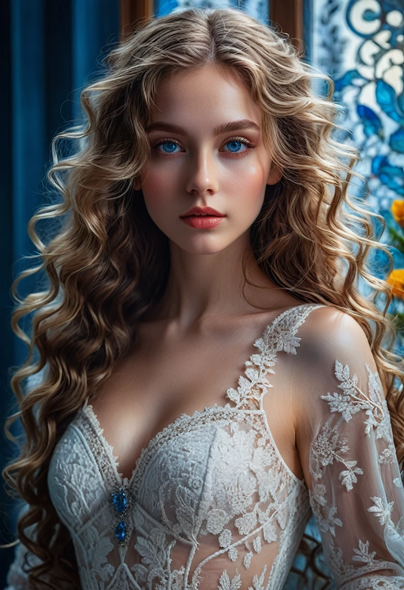 White Lace, Gorgeous highly detailed young lady with intricate white lace dress, beautiful long wavy hair, intricately detailed blues eyes, Seductive, Attractive, Elegant, Lumen Global Illumination, Scenic, Hyper-Realistic, Hyper-Detailed, 8k, Fliegenpilz,Artgerm, Wlop, by Greg Rutkowski