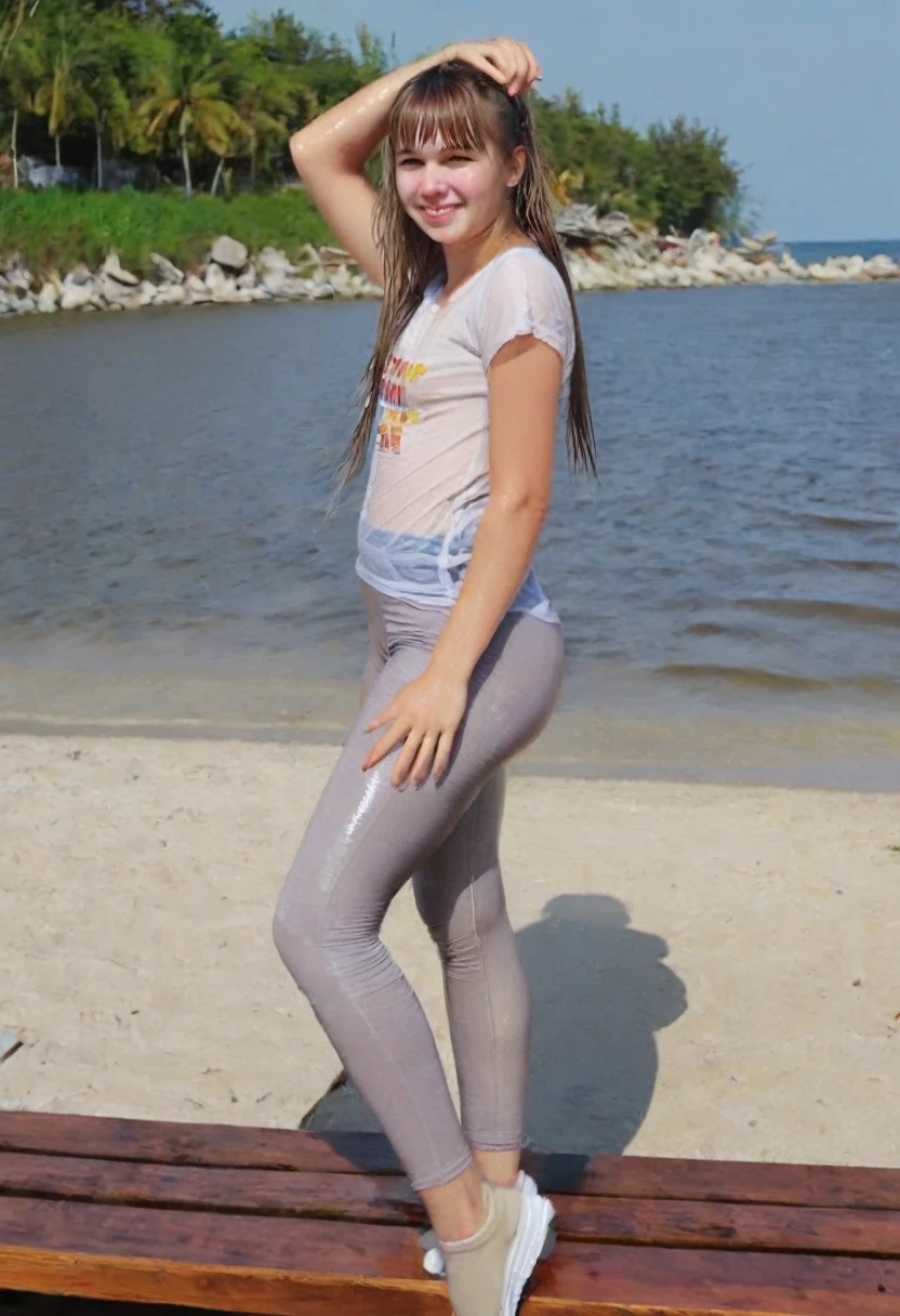 A soaked wet very embarrassed 18 years old brazillian girl, with wet hair and bangs ponytail, she is sitting on a bench on a paradise beach. She wears a cotton t-shirt and spandex leggings white sneakers, clearly not prepared for the water attractions. In the background, the backyard beach is full of visitors having fun, with waves and sand. The girl looks a little out of place, but is watching the movement around her, w3t, wetclothes, soakingwetclothes, ((cutest young face)), cuties ((full body)), full-length shot, slimwoman