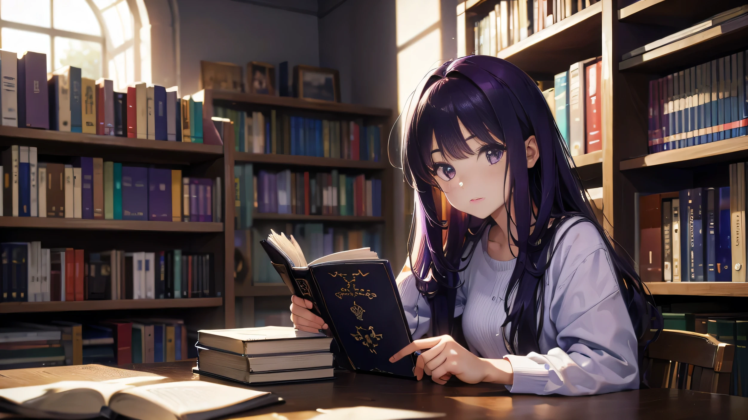Best picture quality, 8K, high quality, masterpiece:1.2), ((masterpiece)), (great detail, high quality, best picture quality), bokeh, DOF, Portrait, open stance, purple hair long hair, in black, standing, round face, holding books, standing in library