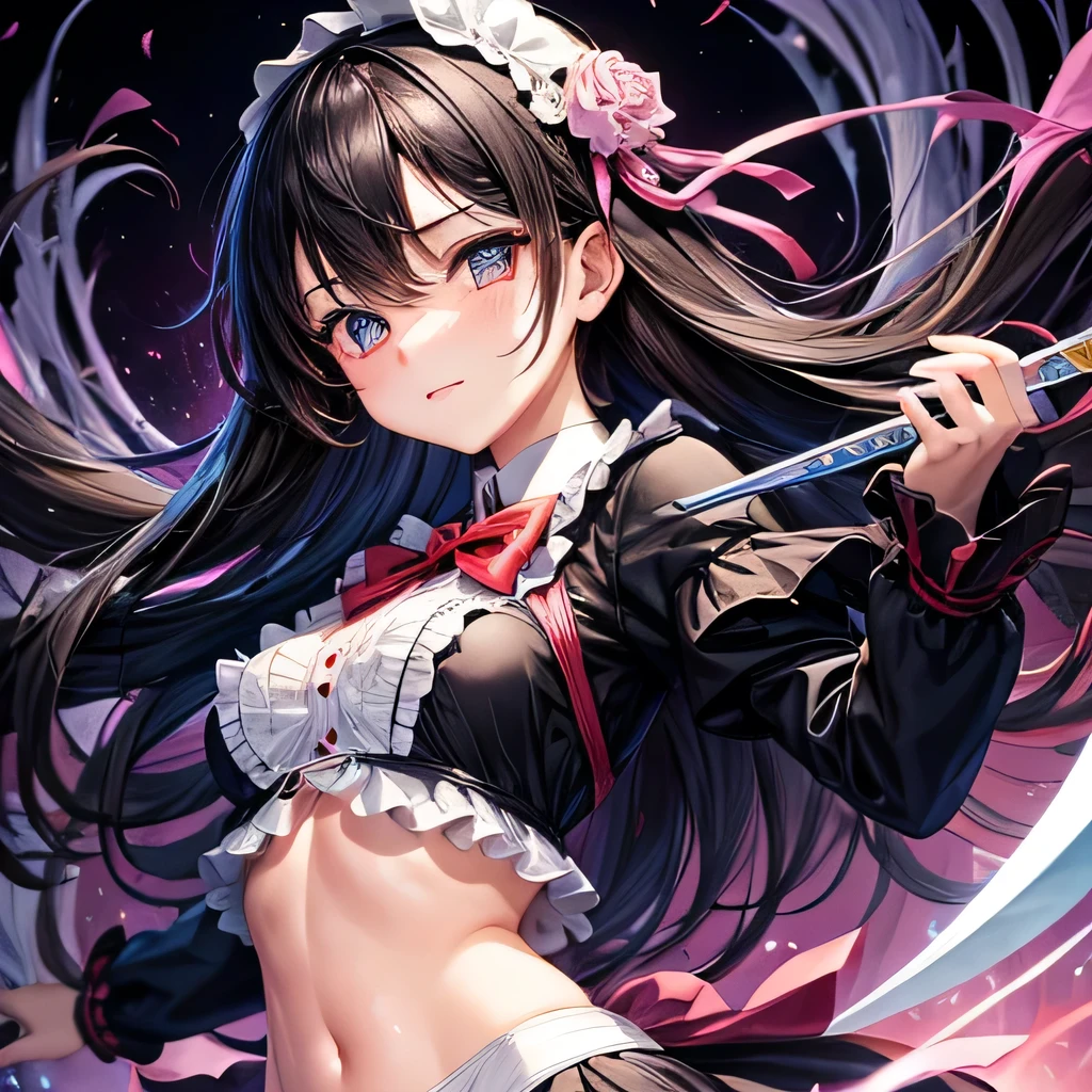 Wearing Gothic Lolita　Black Hair　Loli body type　Flat Chest　Countless swords are floating