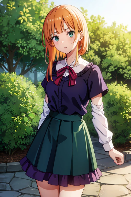 anime, detailed, orange hair, green eyes, red lips, purple ****con ruffled blouse, purple ruffled skirt dress, 