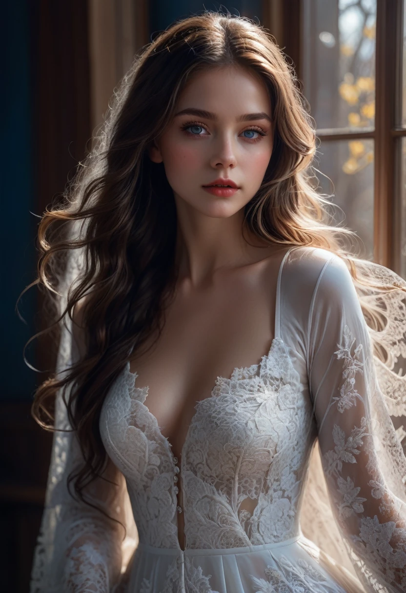 White Lace, Gorgeous highly detailed young lady with intricate white lace dress, beautiful long wavy hair, intricately detailed blues eyes, Seductive, Attractive, Elegant, Lumen Global Illumination, Scenic, Hyper-Realistic, Hyper-Detailed, 8k, Fliegenpilz,Artgerm, Wlop, by Greg Rutkowski