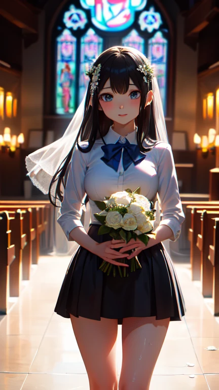 masterpiece, highest quality, One Girl, Thighs, beautiful girl, Flowers, たくさんの小さなflowerびら, flower、Narrow waist, RAWphotograph,Bright lighting、Face Light, Dynamic Lighting,  Ultra-realistic, High resolution, photograph, Sharp focus, Highly detailed eyes and face,Symmetrical face, whole body、Big Breasts、Long Hair、チラリと見えるThighs、Deep valley、Beautiful valley、pregnancy、((((flower嫁衣装、Micro Mini Skirt、discharge white fluid from vagina、Right after sex、Bring to the front)))、((Wedding in church)))