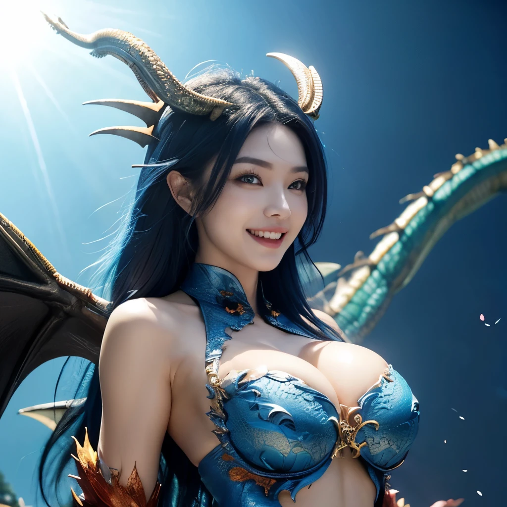masterpiece, best quality, perfect anatomy, (dragon woman hybrid:1.4), fantasy scene, Japanese female, blue hair, (big breasts:1.4), giddy smile, blue and light blue, at sky