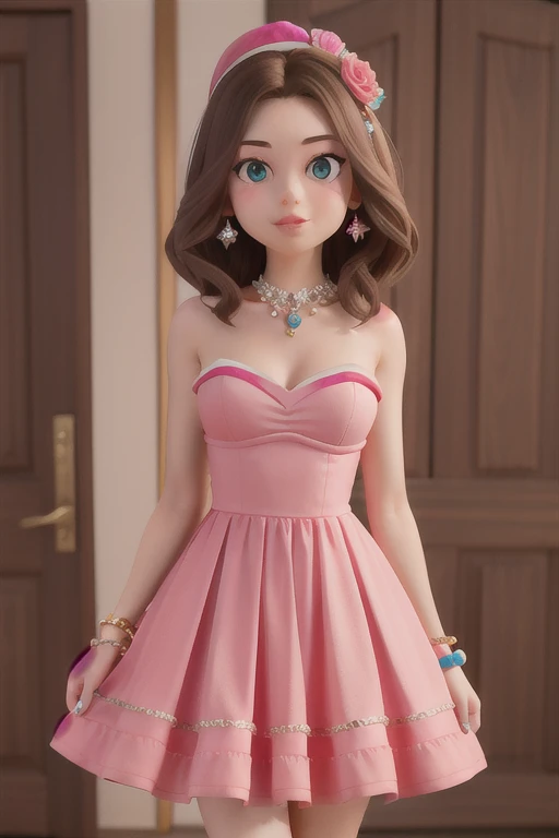 masterpiece, high quality best quality, girl, strapless glitter dress, jewellery