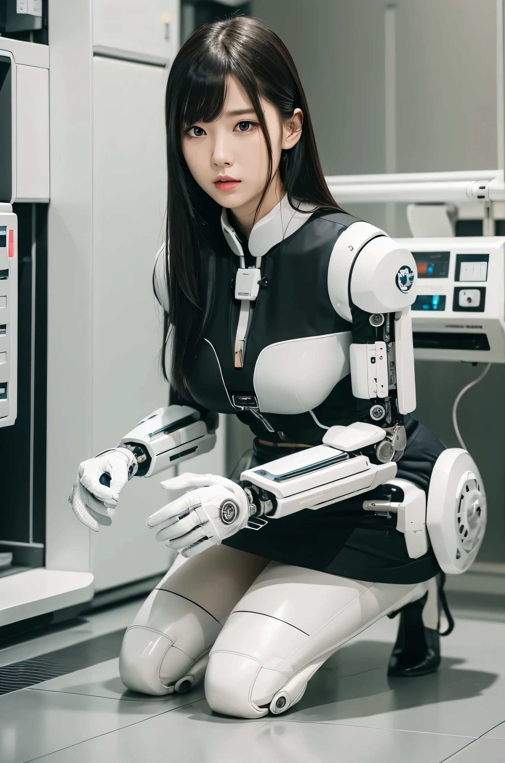 masterpiece, best quality, extremely detailed, Japaese Cyborg Girl,Plump , White boots,control panels,android,Droid,Mechanical Hand, ,clothes with a sense of mechanical technology, Robot arms and legs, Black Robot Parts,Black hair,Mechanical body,dress shirt,long vest,Blunt bangs,White abdomen,White robotics parts,perfect robot woman,future laboratory,cyber pank,charging spot,laboratory,long tube,thick cable connected her neck,kneel on the floor,bowing,ceramic body ,mechanical body,blue eyes,android,robot humanoid